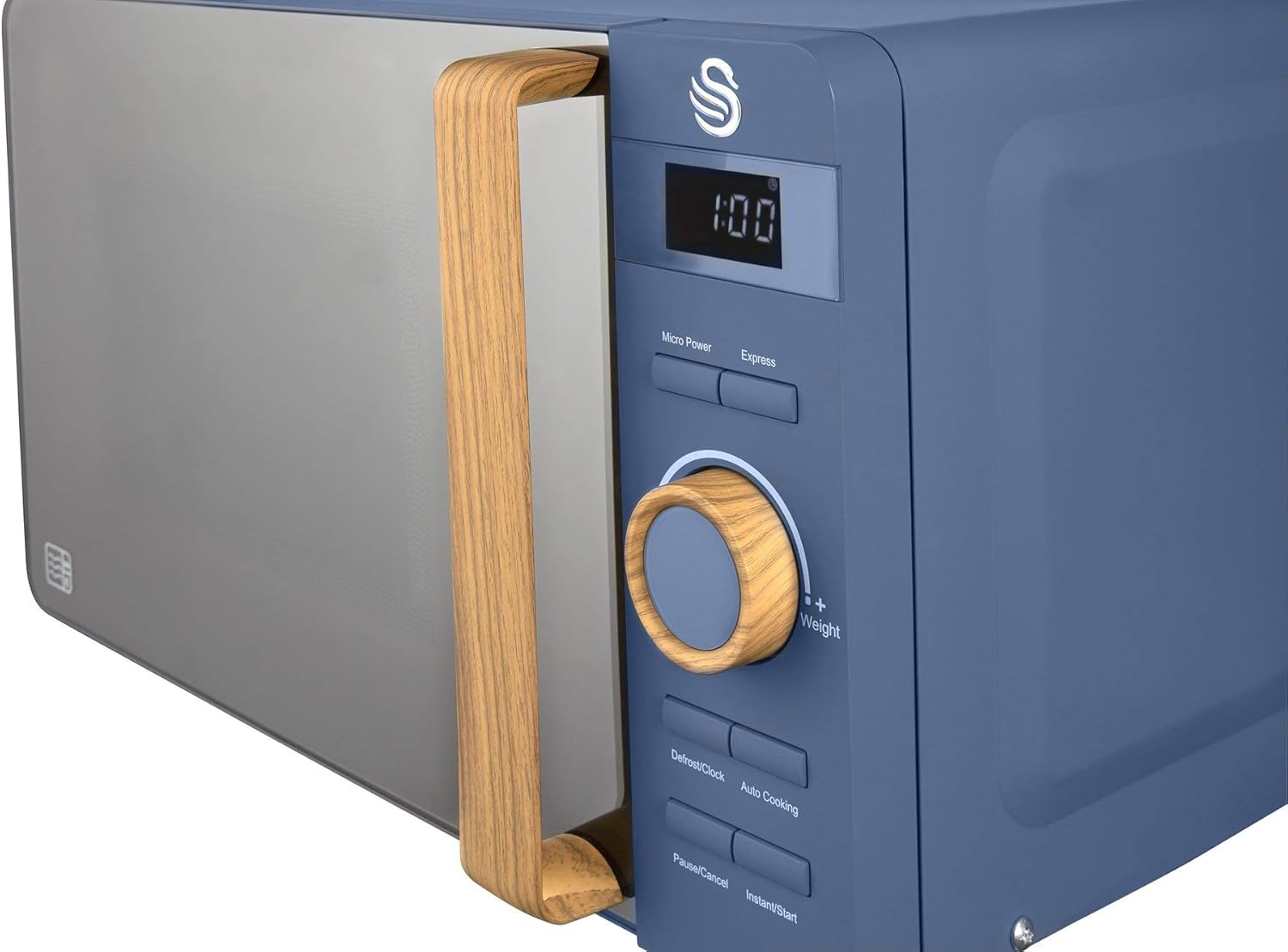 Swan Nordic SM22036WHTN Digitale Mikrowelle, Griff in Holzoptik, Gehäuse mit weicher Haptik und matter Oberfläche, 800 W, Baumwollweiß