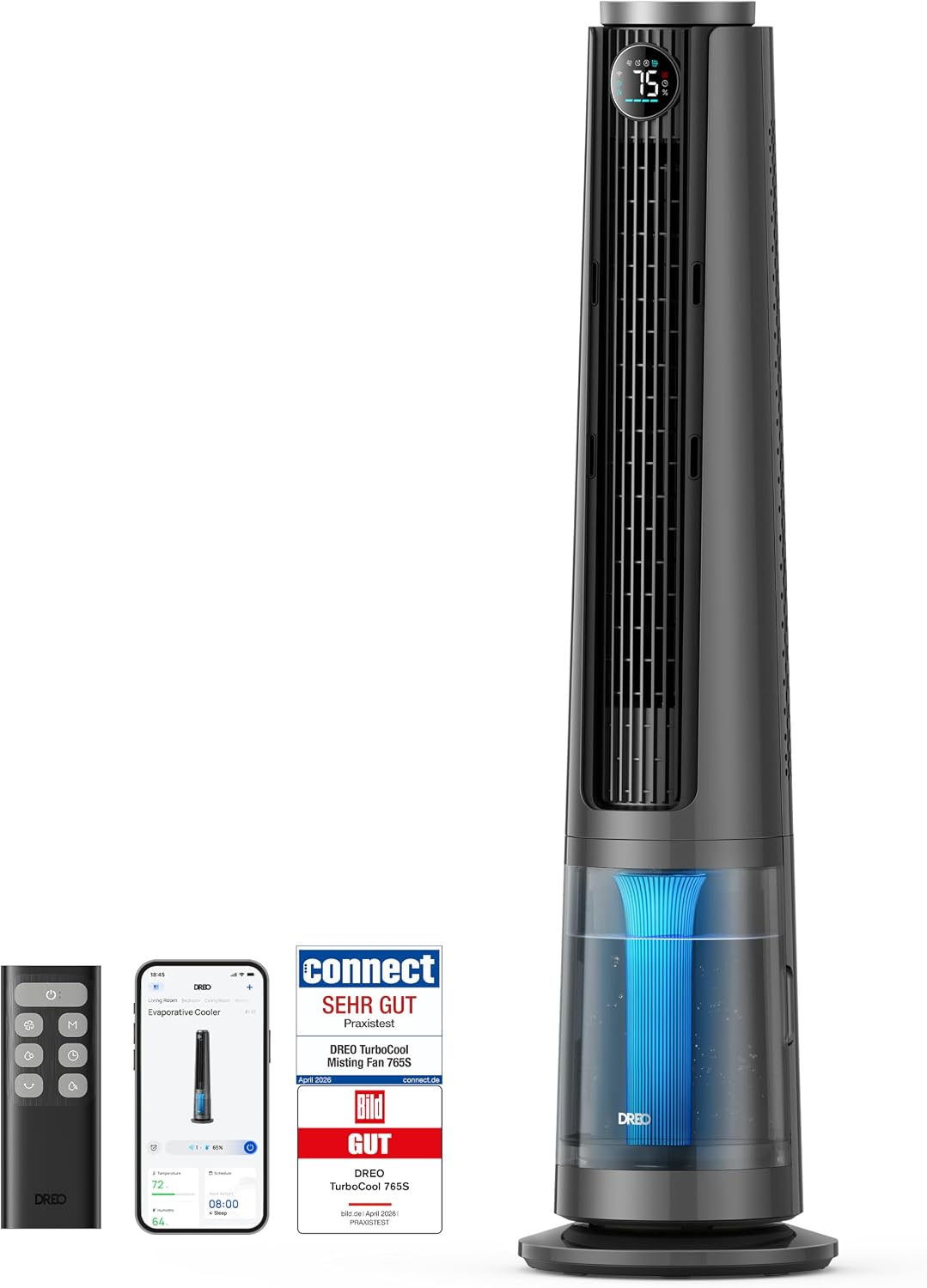 DREO TurboCool Nebelventilator 765S, 3-in-1 Turmventilator mit Ultraschall, WLAN & App-Steuerung, 6 L Tank, 10.4 m/s Luftstrom, 20 dB leiser DC-Motor, 90° Oszillation, 12 Geschwindigkeiten, 4 Modi