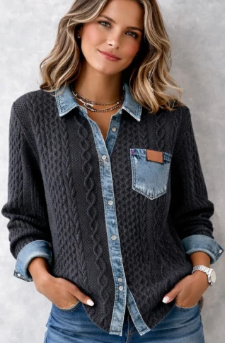 Schickes Strickhemd mit Denim-Details