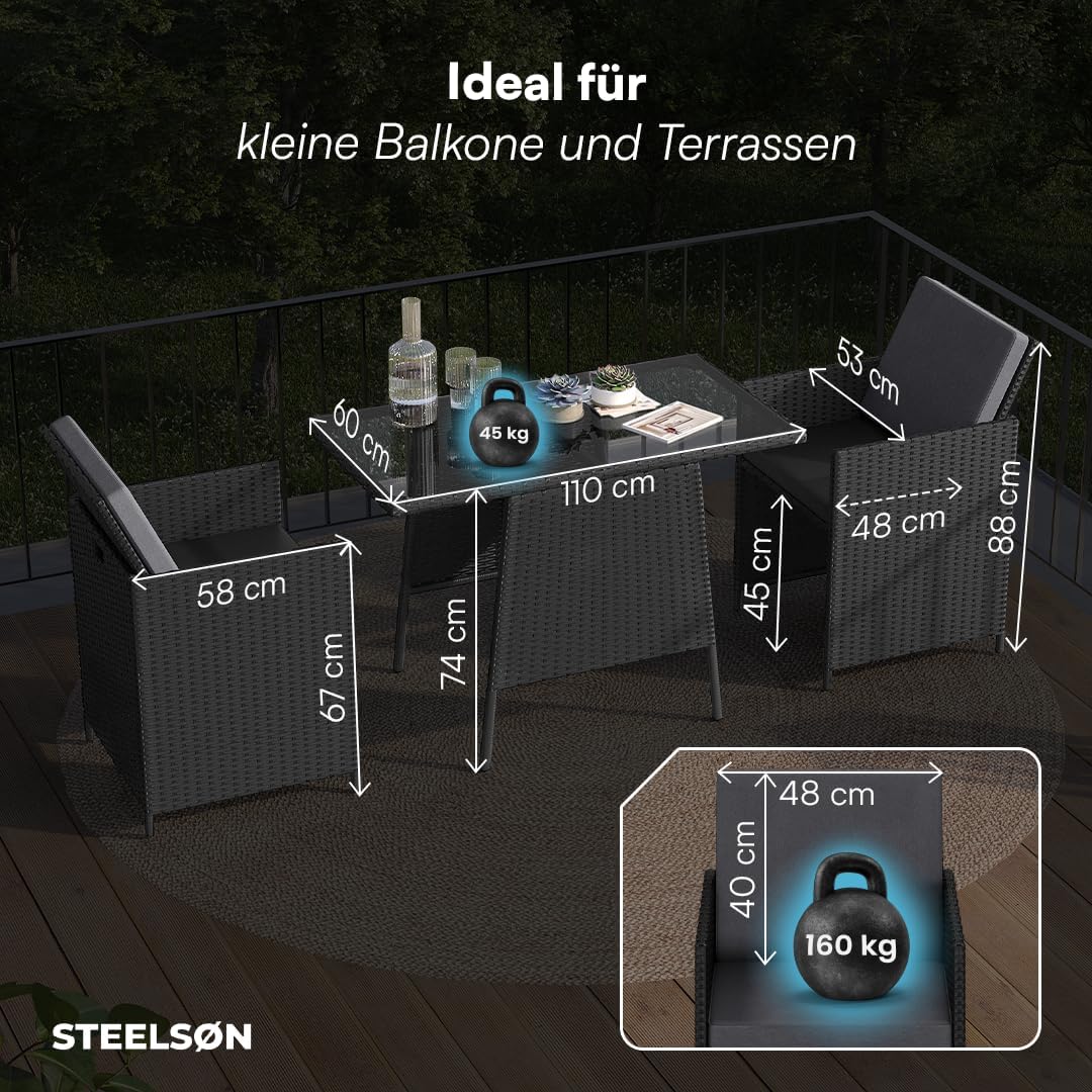 STEELSØN 3-TLG Garten-Essgruppe Xenara, Esstisch mit 2 Stühlen, Gartenmöbel Sitzgruppe Polyrattan mit Kissen, Gartenlounge, Balkomöbel Set, schwarz