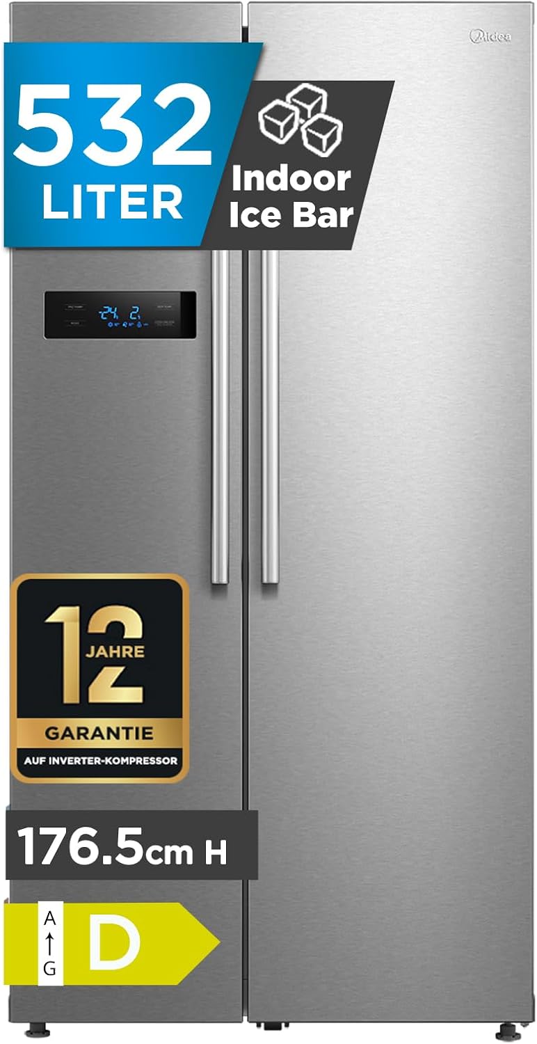 Midea Side-by-Side Kühl-Gefrierkombination 532 L mit Indoor Ice Bar | No Frost, Inverter Kompressor, 256 kWh/Jahr | Twin Control & SuperCool | 176,5 cm hoch | MERS530FGD02