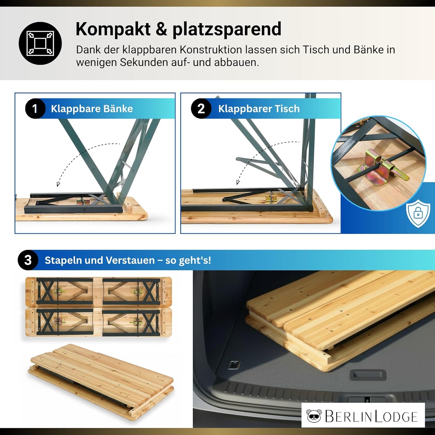CHEFGASTRO Bierzeltgarnitur Wiesn klein & klappbar 116 cm breit 3-teilig 1x Tisch & 2X Bierbank, lackiertes Holz, Festzeltgarnitur kurz Gartenmöbel-Set Kinder Sitzgarnitur Innen & Außenbereich