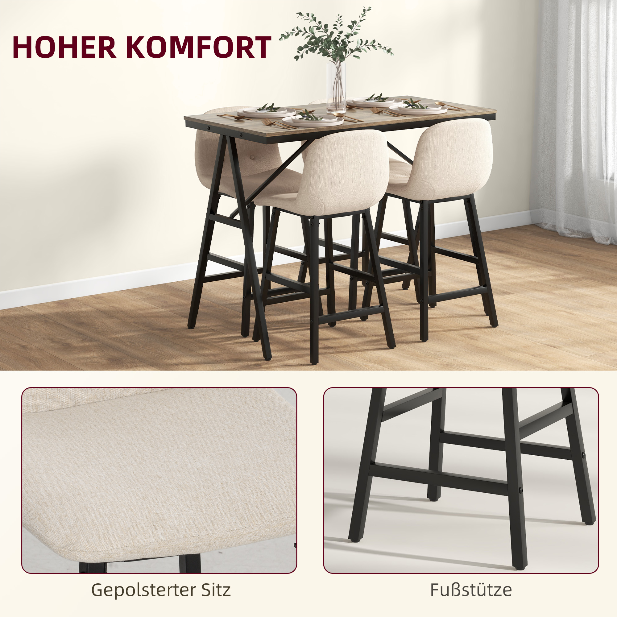 5-delige Bargarnituur, Tafel en 4 Stoelen, Knoopstiksel, Dikke Bekleding, Linnenlook, Beige