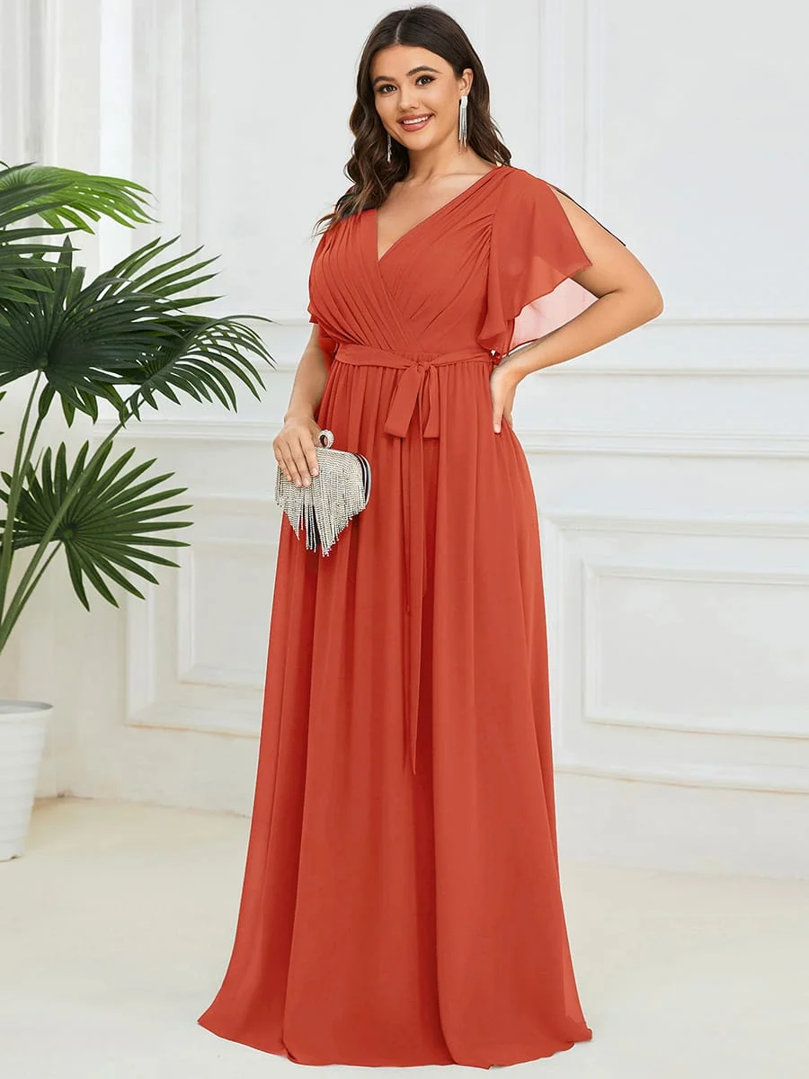 Abendkleid Damen Maxi A-Linie aus Chiffon | Festliches Kleid f��r Hochzeitsg?ste mit V-Ausschnitt und Fl��gel?rmeln