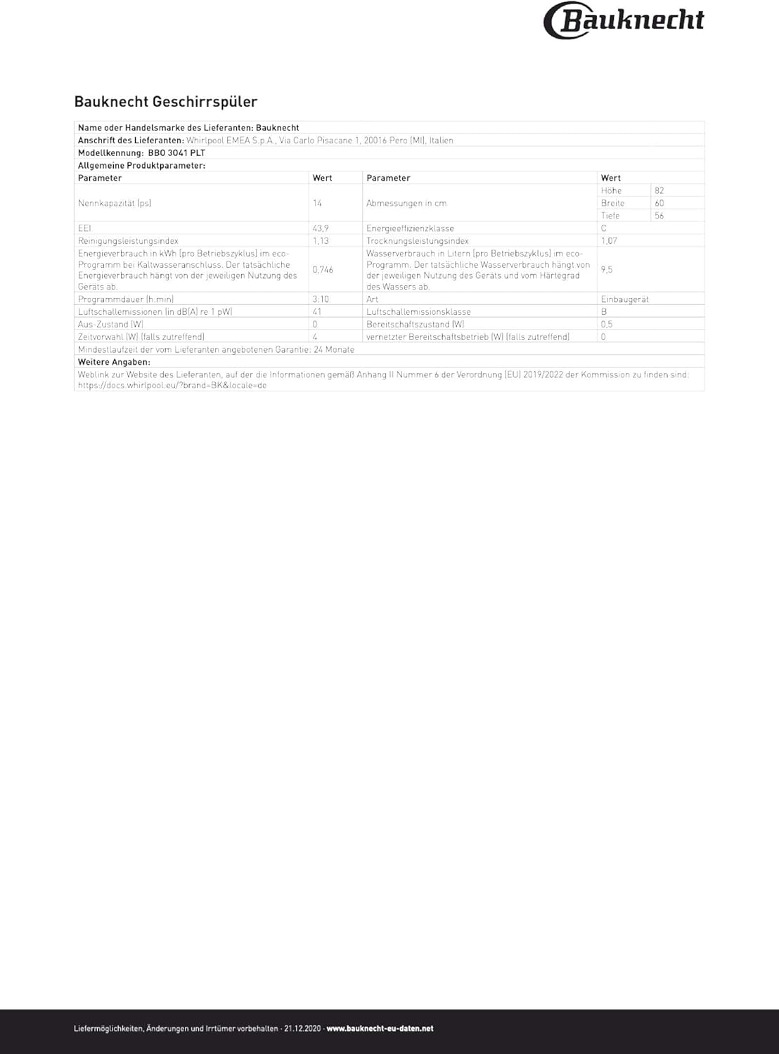 Bauknecht BUO 3O41 PLT X Unterbau-Geschirrspüler 60 cm /14 Maßgedecke /10 Standardprogramme und 1 Sensorprogramm/PowerClean/ActiveDry/Besteckschublade/Vollwasserschutz