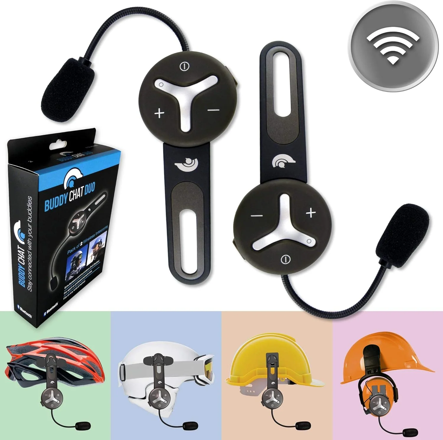BuddyChat Duo (set van 2) Bluetooth Fiets Sport Ski Werk Intercom Helm Headset, Handsfree Portofoon, Intercomsysteem, DSP-ruisonderdrukking, bereik tot 1000m
