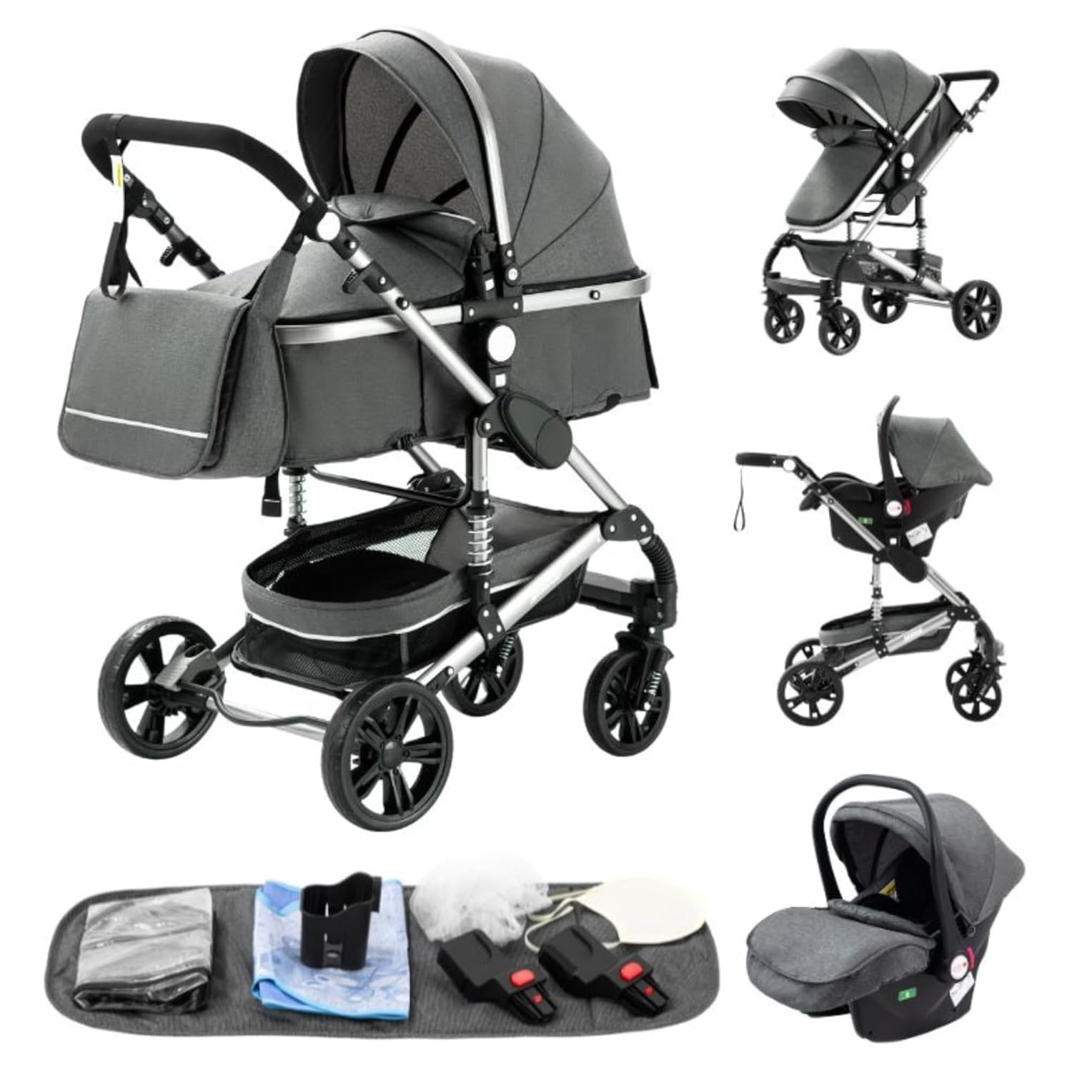 YAZOCO kinderwagen 3 in 1, Zusammenklappbar kinderwagen mit Wickeltasche,Komplettset Becherhalter,Moskitonetz, Fußabdeckung,Sitzzubehör (4 Rosa)