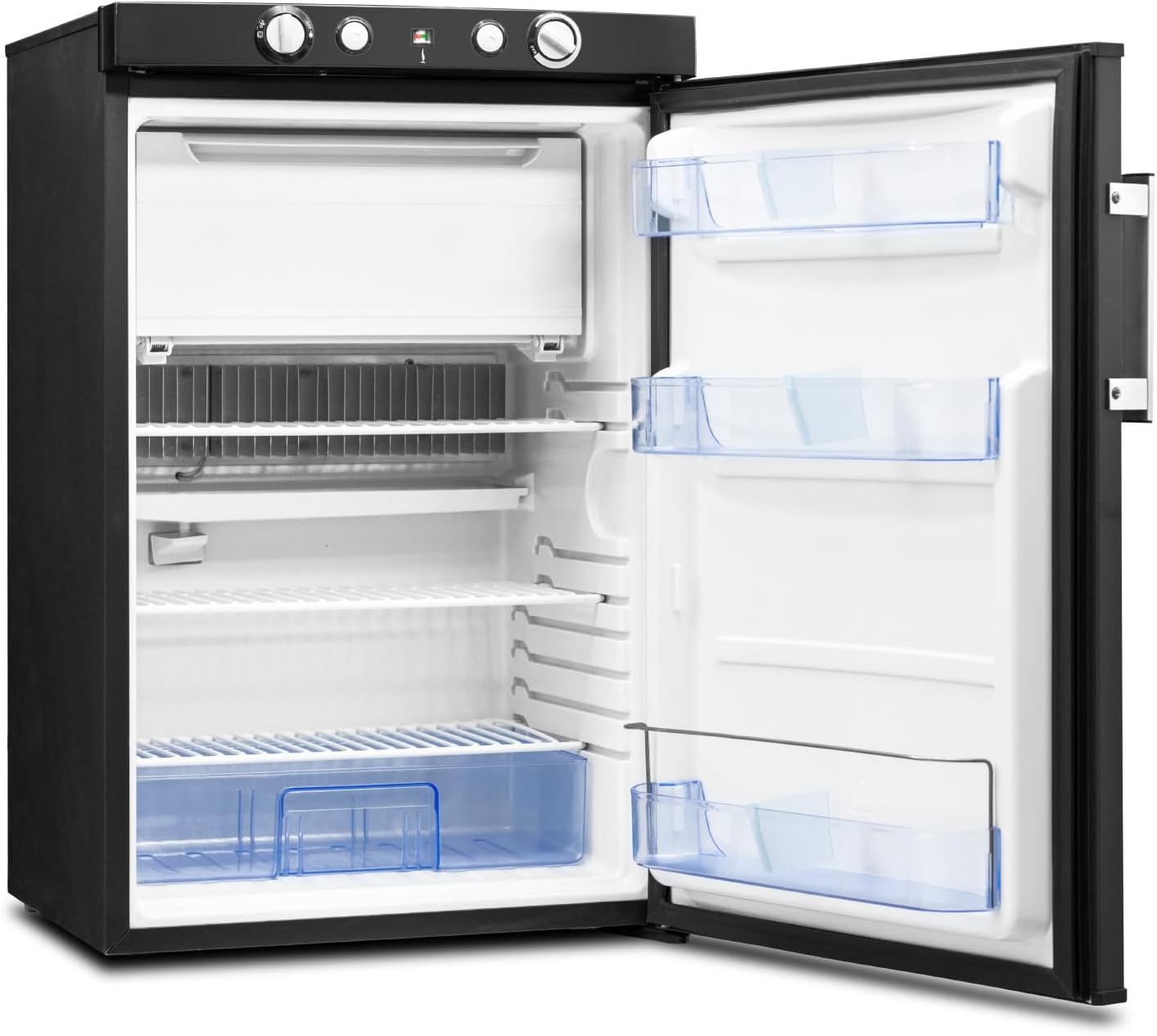 Smad Frigo Gaz, 100L, Frigo Trimixte 12V 220V Gaz, avec Congélateur, Réfrigérateur Camping gaz pour Camping Car, Caravane, Cabanon, Chalet, Noir
