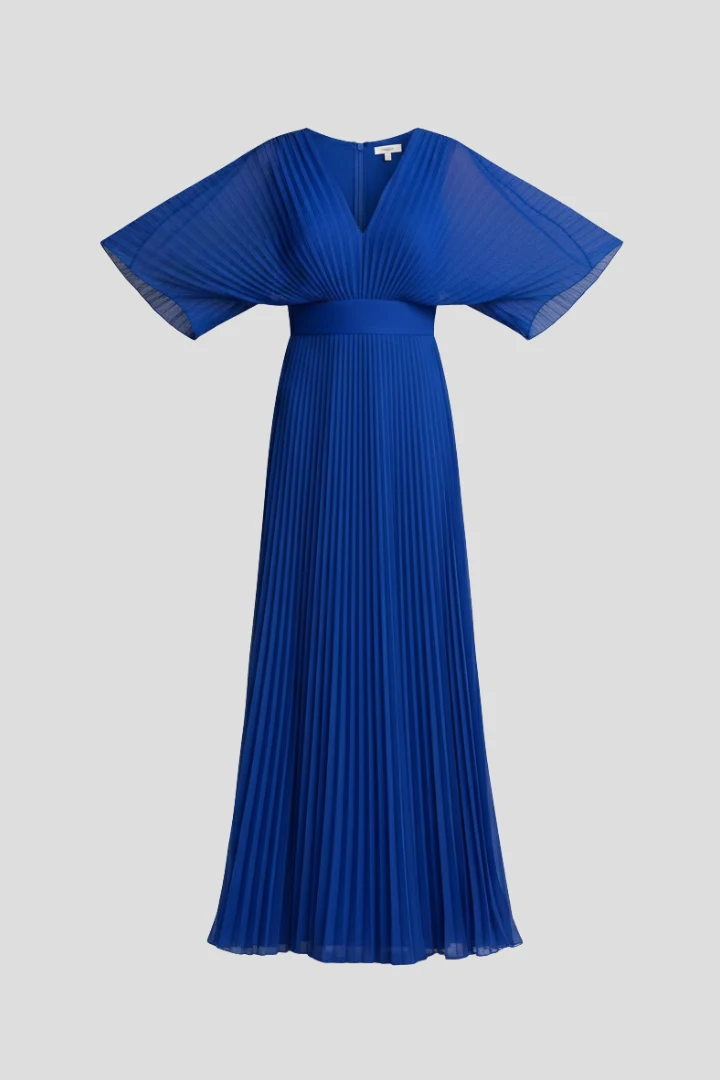 Damen Maxikleid mit V-Ausschnitt und plissiertem Rock | Elegantes Langarmkleid mit Taillennaht f��r jeden Anlass