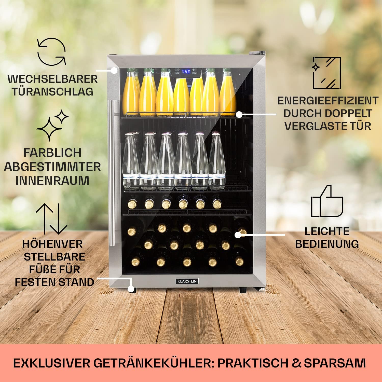 Klarstein Mini Kühlschrank mit Glastür, Mini-Kühlschrank für Zimmer, Getränkekühlschrank Klein mit Verstellbaren Ablagen, Kleiner Kühlschrank 147 Liter, Indoor/Outdoor Kühlschrank Leise
