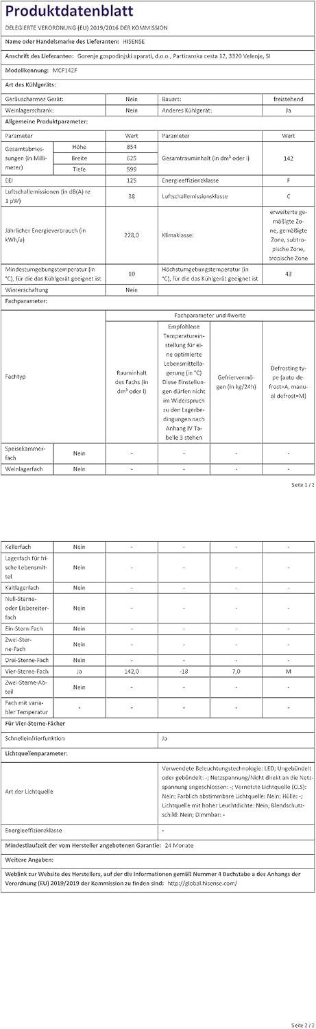 Hisense MCF142F Gefriertruhe, LED-Beleuchtung außen, sehr leise, 40 dB, 142 Liter, Abmessungen 62,5 x 55,9 x 85,4 cm, Klasse F