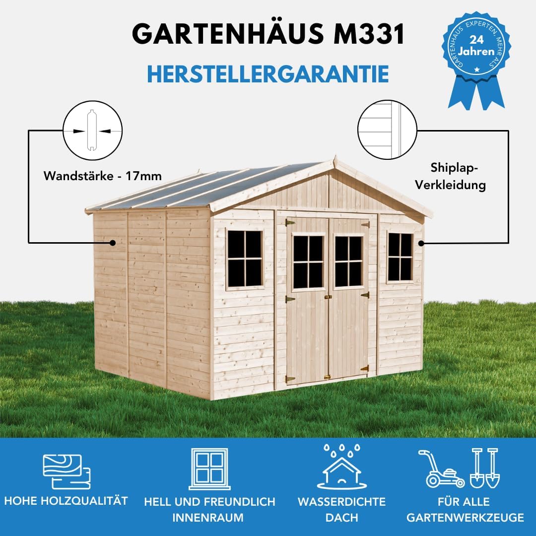 Gartenhaus Holz MIT IMPRÄGNIERTEM Boden - Geräteschuppen mit Fenstern - H246 x 418 x 320 cm/ 12 m² Naturholz-Shiplap-Schuppen - Gerätehaus - Fahrradschuppen - TIMBELA M331+331G