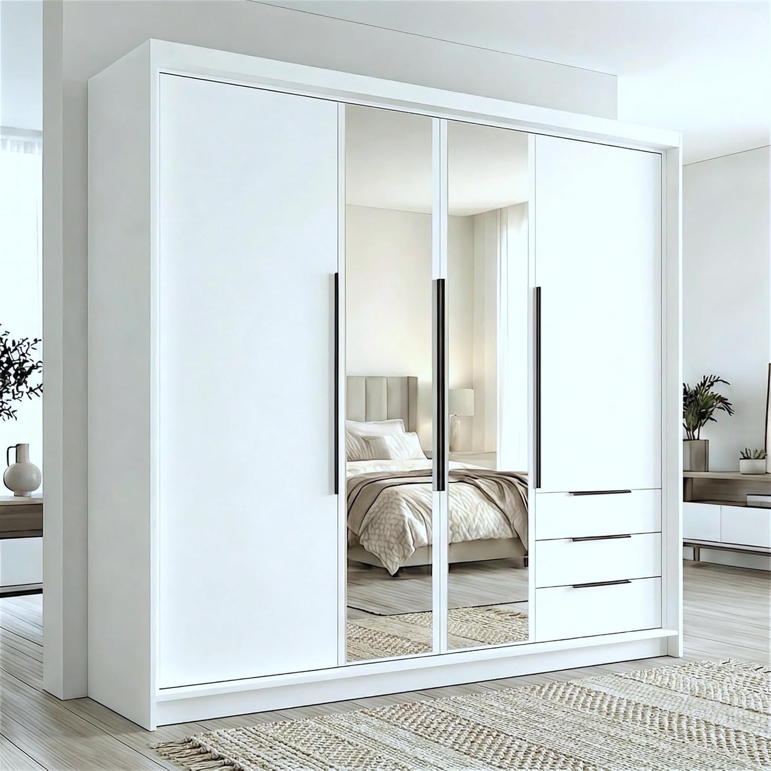 A und J MöbelLand VIVO Kleiderschrank 4-türig mit Spiegel und Schubladen - 200 x 215 cm - Drehtürenschrank mit Kleiderstange und Einlegeböden