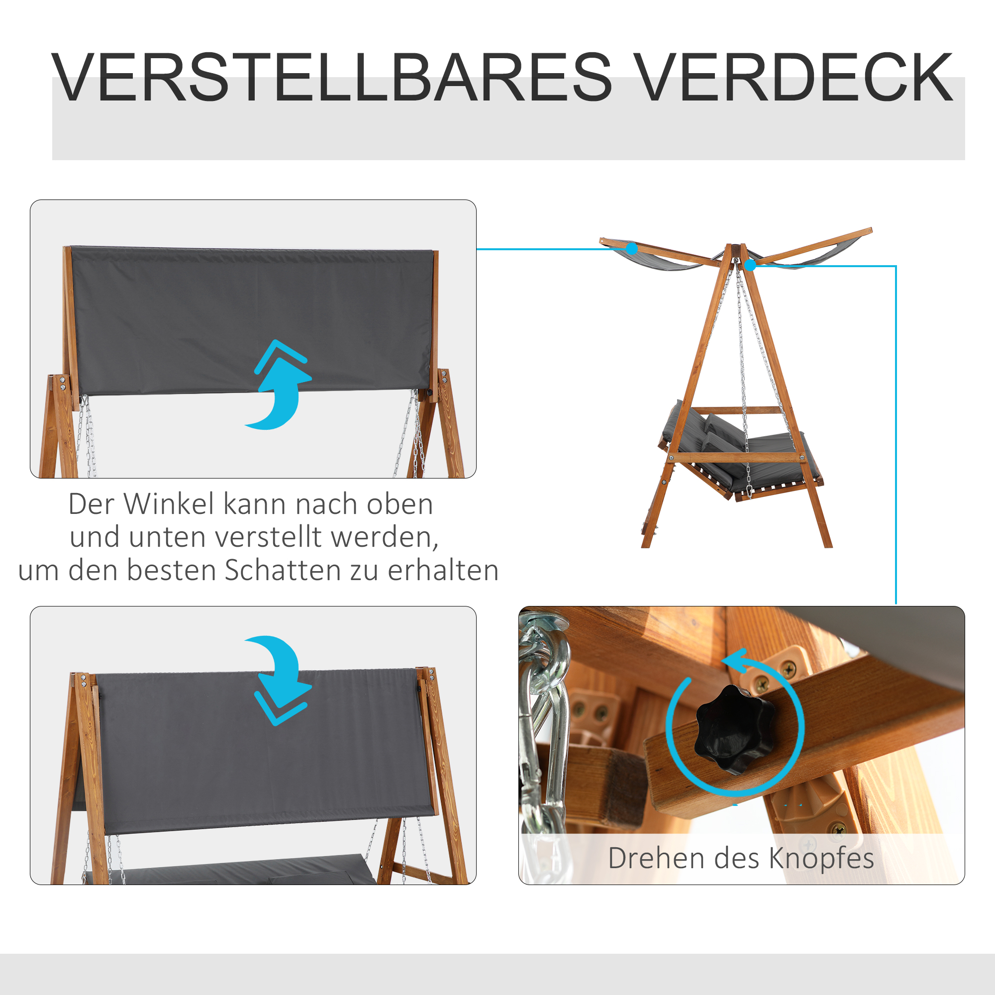 Outsunny hangmatschommel met bedfunctie 3-zits tuinschommel met dak ligbed tuinbank Lariks hout polyester grijs + teak 225.5 x 113 x 180 cm
