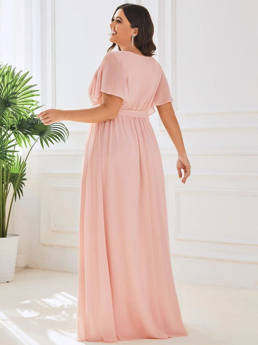 Abendkleid Damen Maxi A-Linie aus Chiffon | Festliches Kleid f��r Hochzeitsg?ste mit V-Ausschnitt und Fl��gel?rmeln
