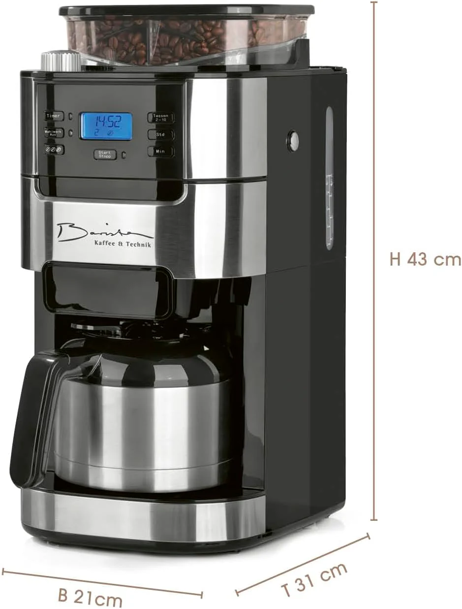 Barista filterkoffiezetapparaat met verstelbare molen & thermoskan | Warmhoudfunctie, 24-uurs timer & permanent filter | Voor 10 koppen koffie | Koffiezetapparaat voor bonen & poeder [roestvrij staal]