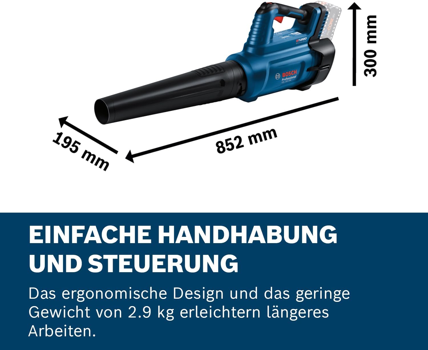 Bosch Professional BITURBO Akku-Gebläse GBL 18V-750 (Volumenstrom von 780 m³/h, Luftgeschwindigkeit von bis zu 198 km/h, variable Drehzahl)