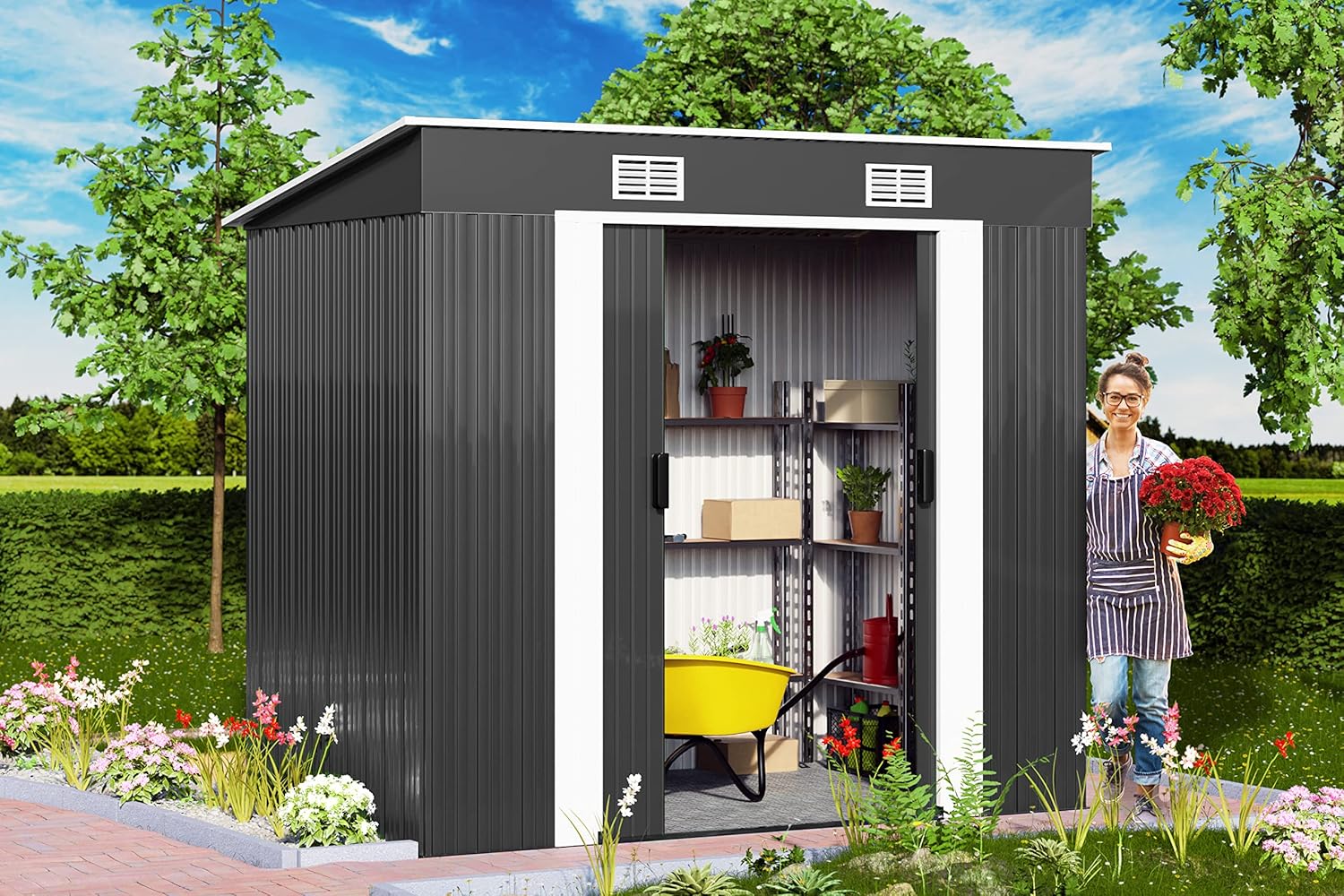 GARDEBRUK® L Metall Gerätehaus 2m² mit Fundament 200x125x185cm Schiebetür Anthrazit Geräteschuppen Gartenhaus 4m³