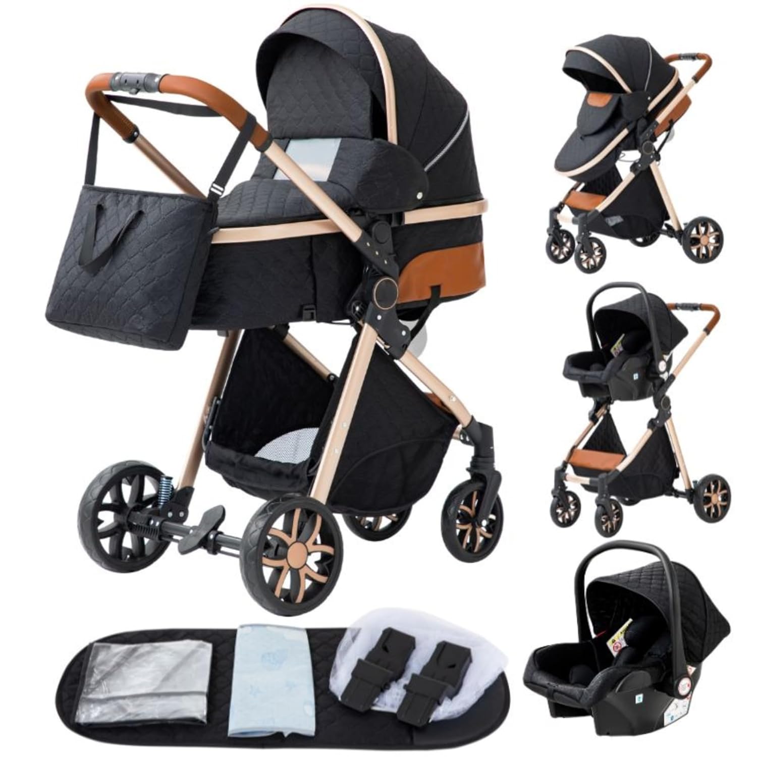 YAZOCO kinderwagen 3 in 1, Zusammenklappbar kinderwagen mit Wickeltasche,Komplettset Becherhalter,Moskitonetz, Fußabdeckung,Sitzzubehör (4 Rosa)