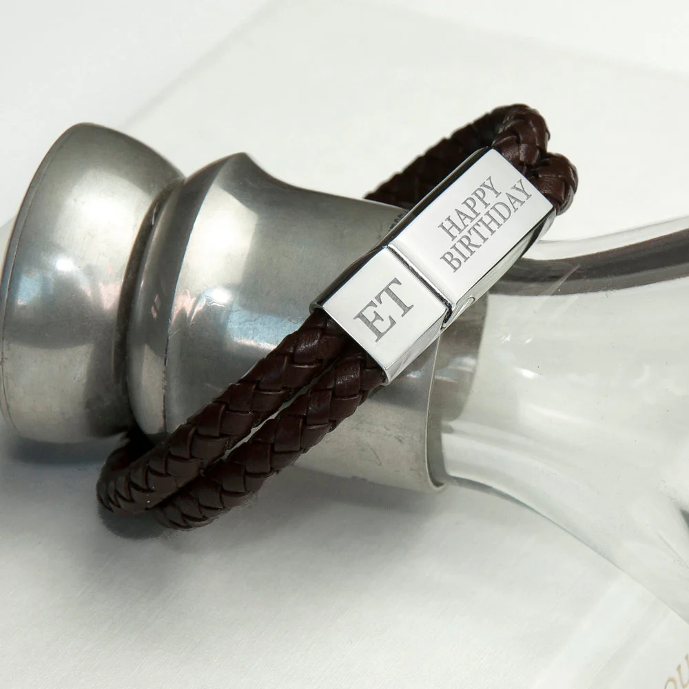 Personalised Men's Dual Leather Woven Bracelet in Umber