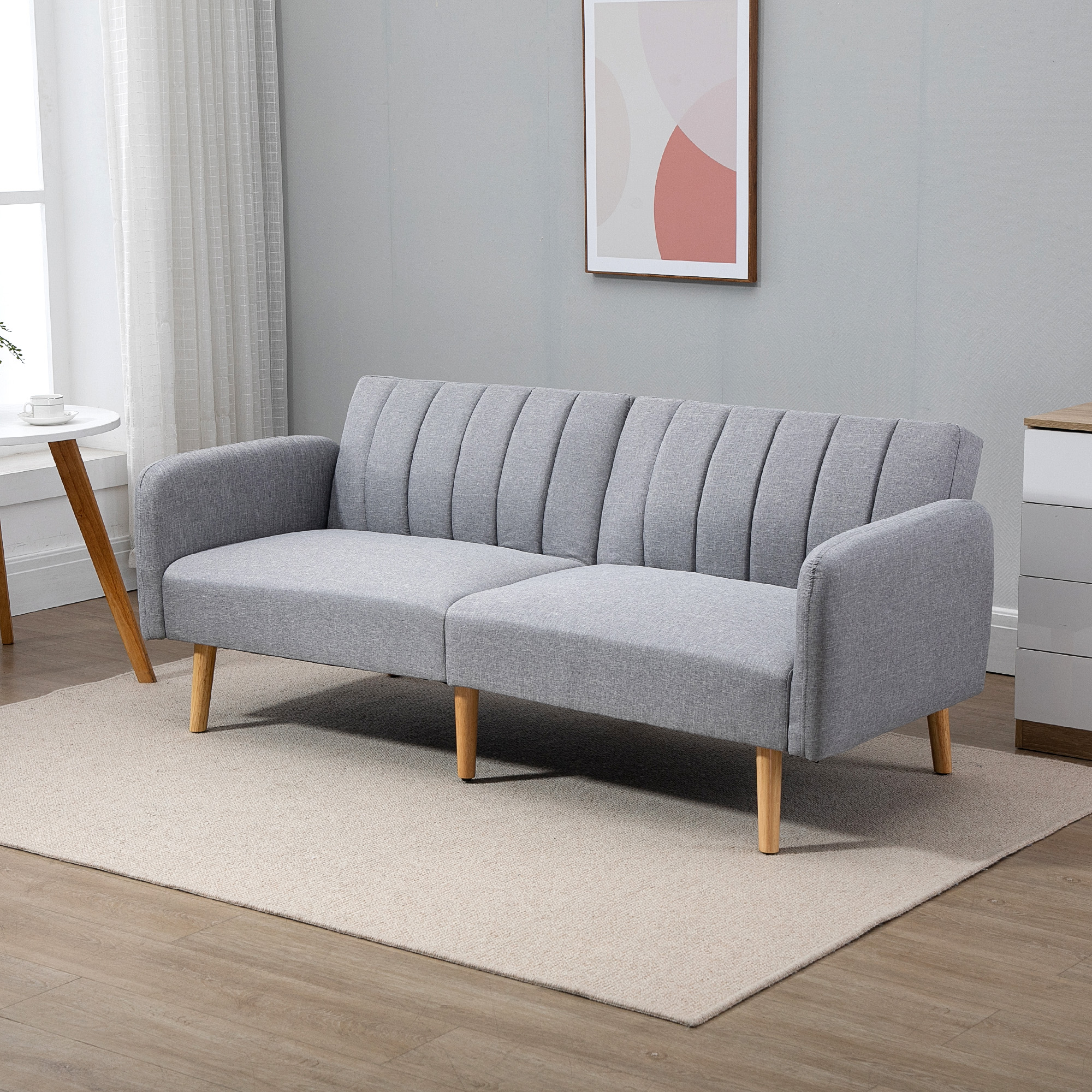 Slaapbank, 2-zits stofbank, Bank met slaapfunctie, linnen-look polyester, rubberhout, 173 x 75 x 73 cm, Grijs