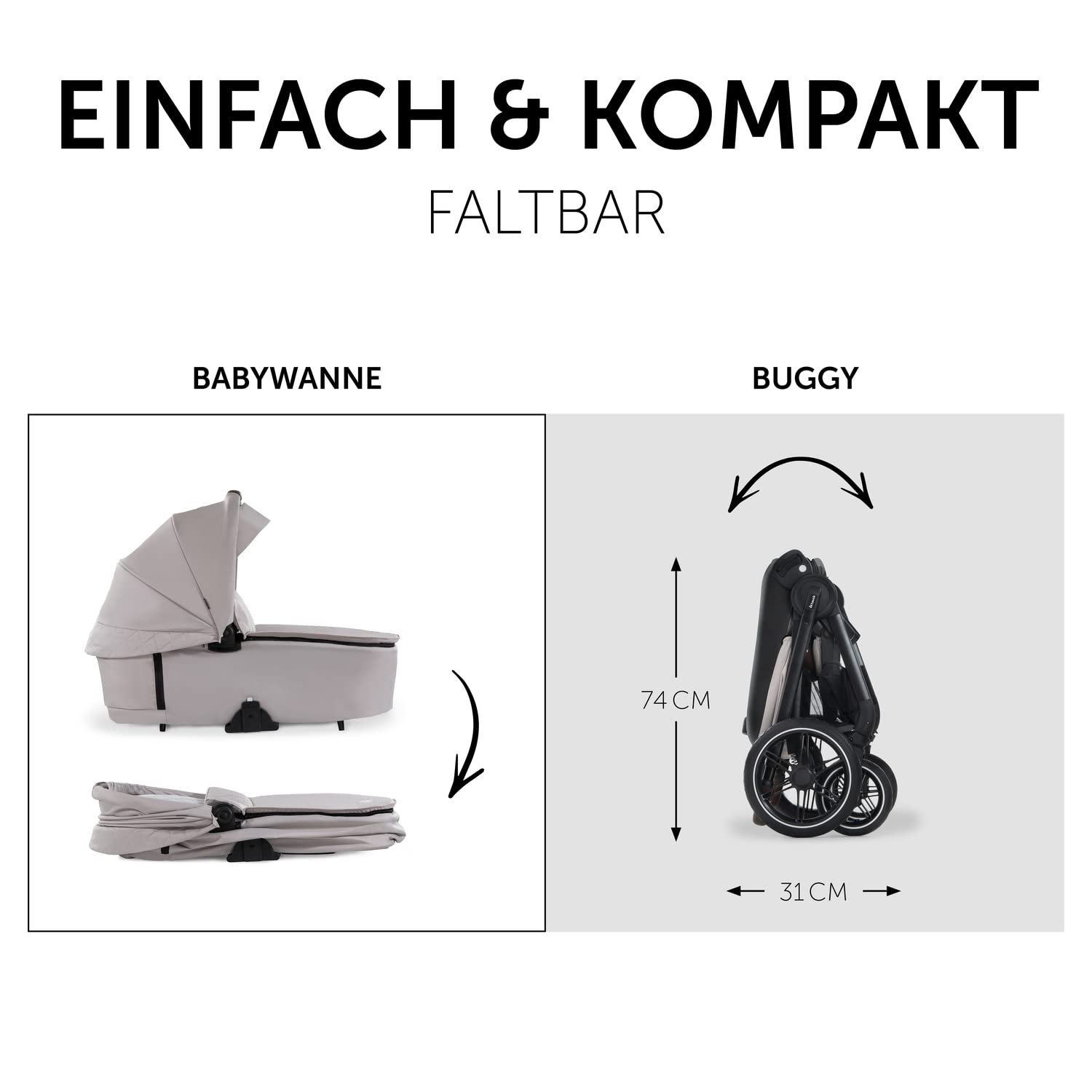 hauck 2in1 Kinderwagen mit Gummireifen Walk N Care Set ab Geburt bis 22 kg + 3 kg Korb, Wanne mit Memory-Knöpfen, Sitz mit Liegefunktion Wendbar Höhenverstellbar, Teleskopgriff, UPF 50+ (Beige)