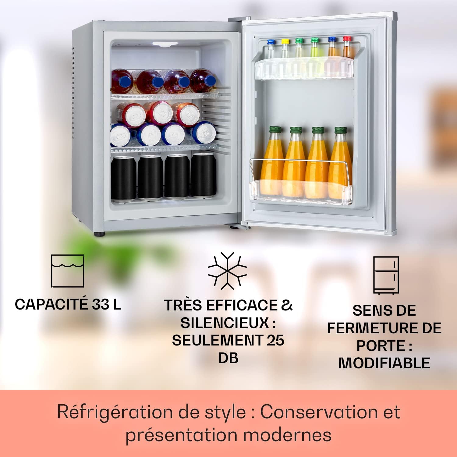 KLARSTEIN Mini Frigo de Chambre de 33L pour Snacks et Boissons, Top Silencieux, Bar, Petit Réfrigérateur Camping, Pour Cosmetique, Refrigerateur avec Étagères Réglables, 5-15°C
