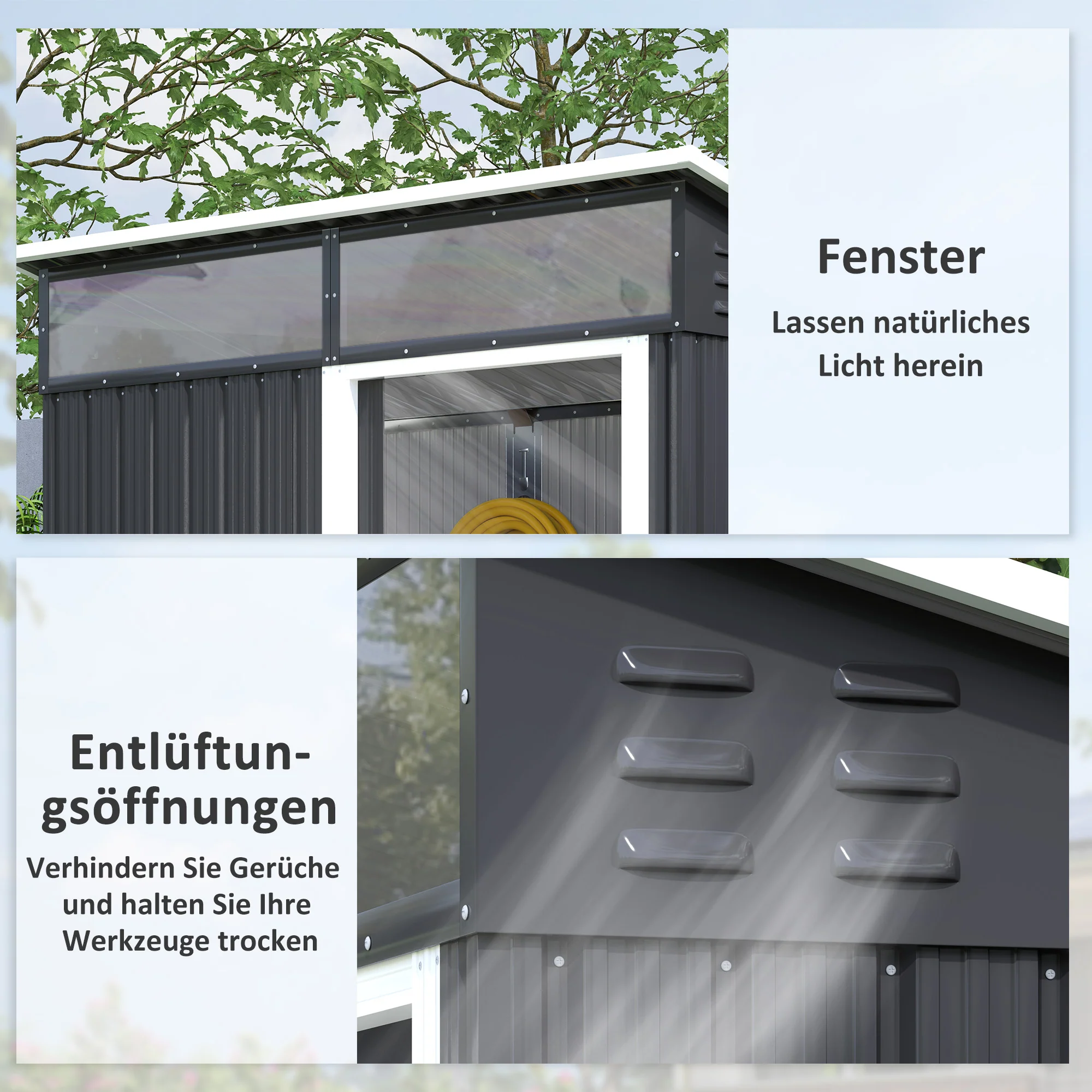 Outsunny Tuinschuur, Gereedschapsschuur met Vensters, Ventilatieopeningen, Schuifdeur, Waterdicht Staal, Weerbestendig, Donkergrijs