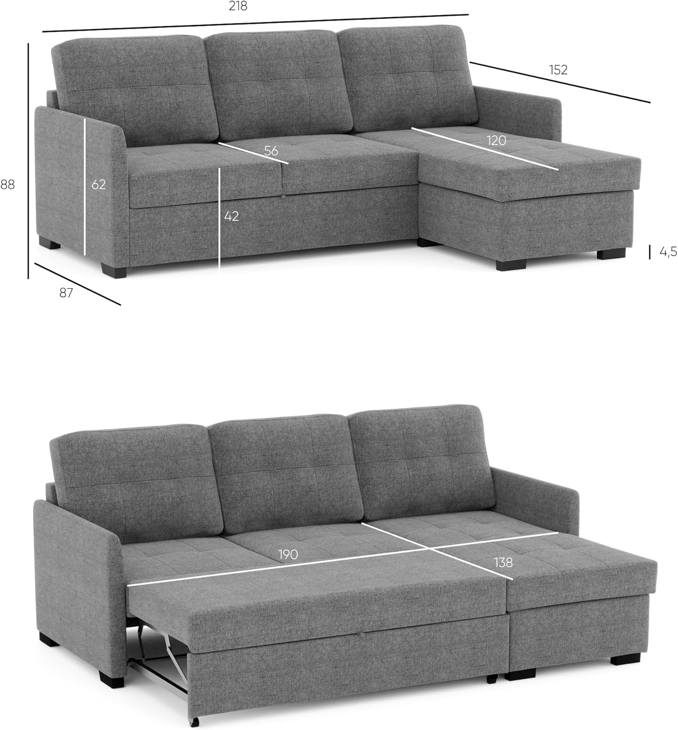 BUDWING Enzo 4 Seater Corner Sofa Bed – Reversible Chaise Longue, Storage Chest and Reclining Backrest – Contemporary Style, 100% Polyester Fabric – 230 x 147 x 94 cm – Grey