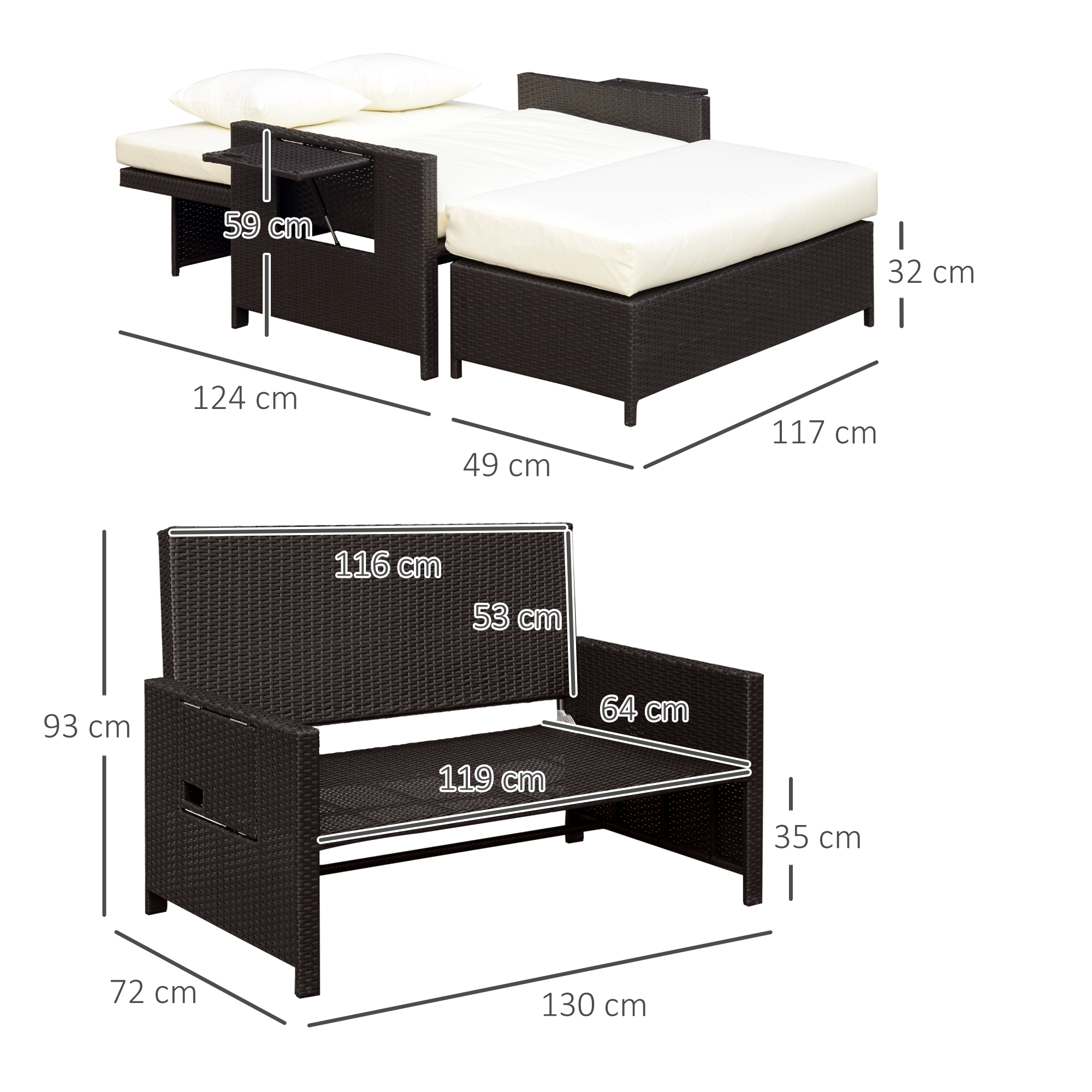 Outsunny Poly-rotan loungebank 2-zits set ligstoel kruk bruin