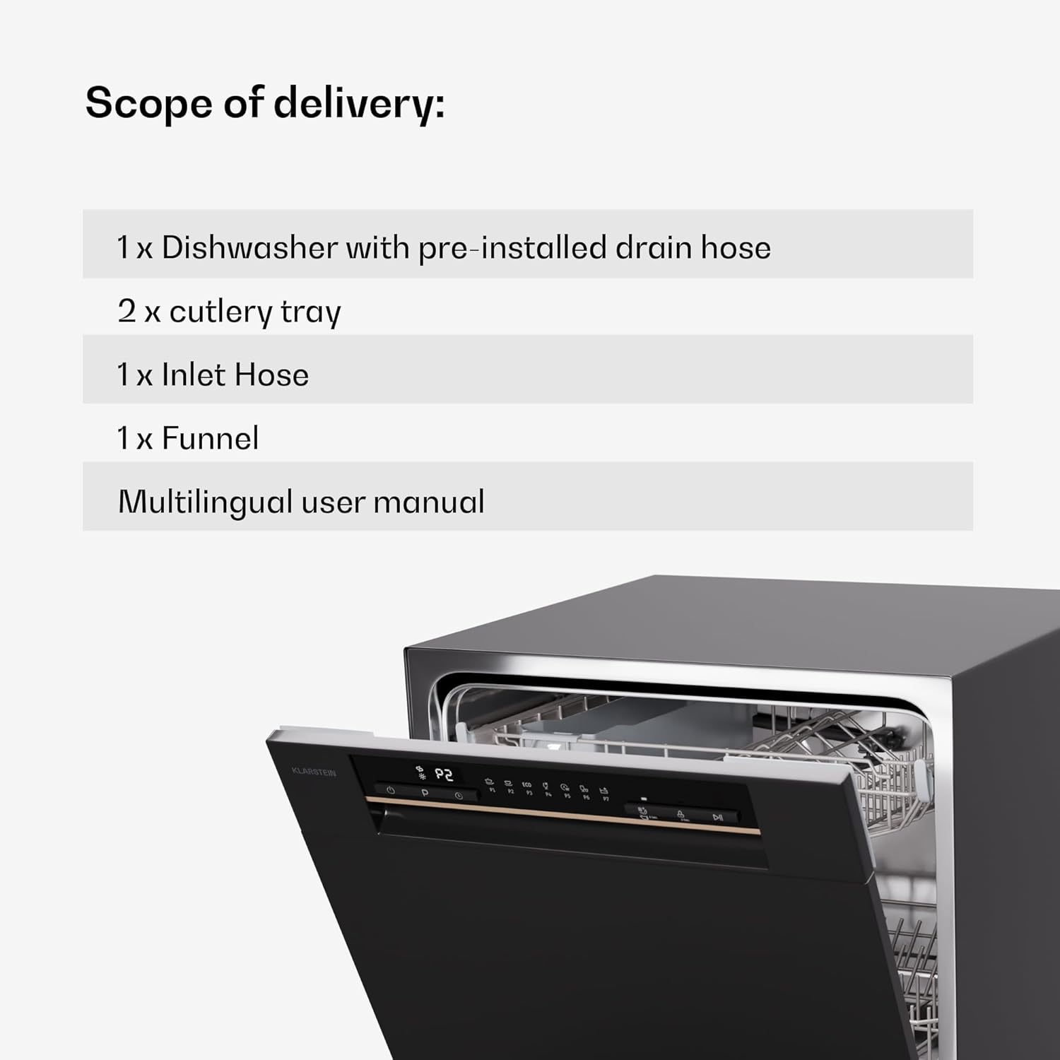 Klarstein  ia 8 - Spülmaschine, Geschirrspüler, Freistehend, Teilintegriert, F, 55 cm breit, 8 Maßgedecke, 6 Programme, Aquastop, silber