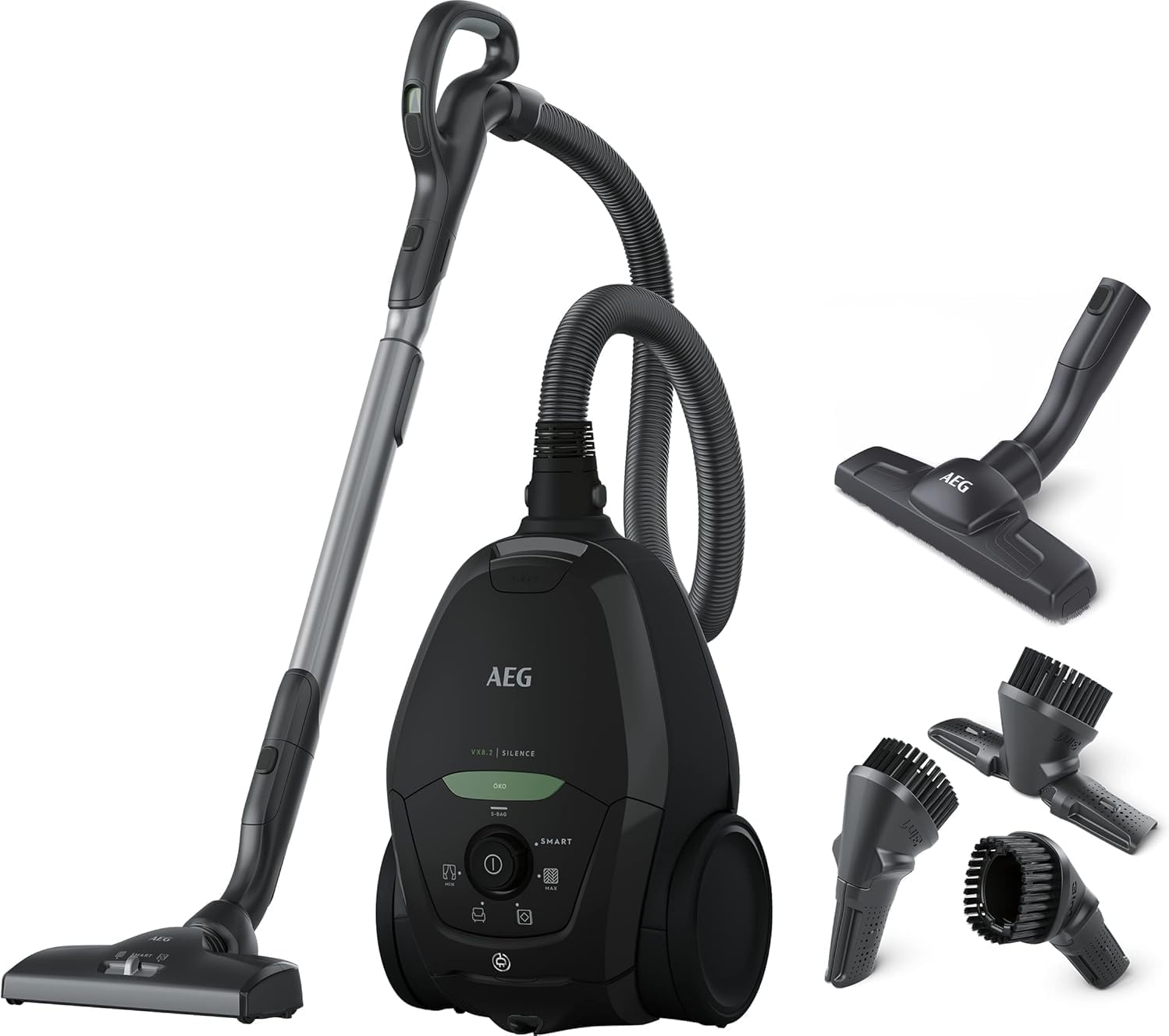 AEG VX82-1-KO Staubsauger / 75% Recyclingmaterial / autom. Saugkraftregulierung / extrem leise auch auf Teppich / Aufnahme von groen + kleinsten Partikeln / langes Kabel / 600W / schwarz