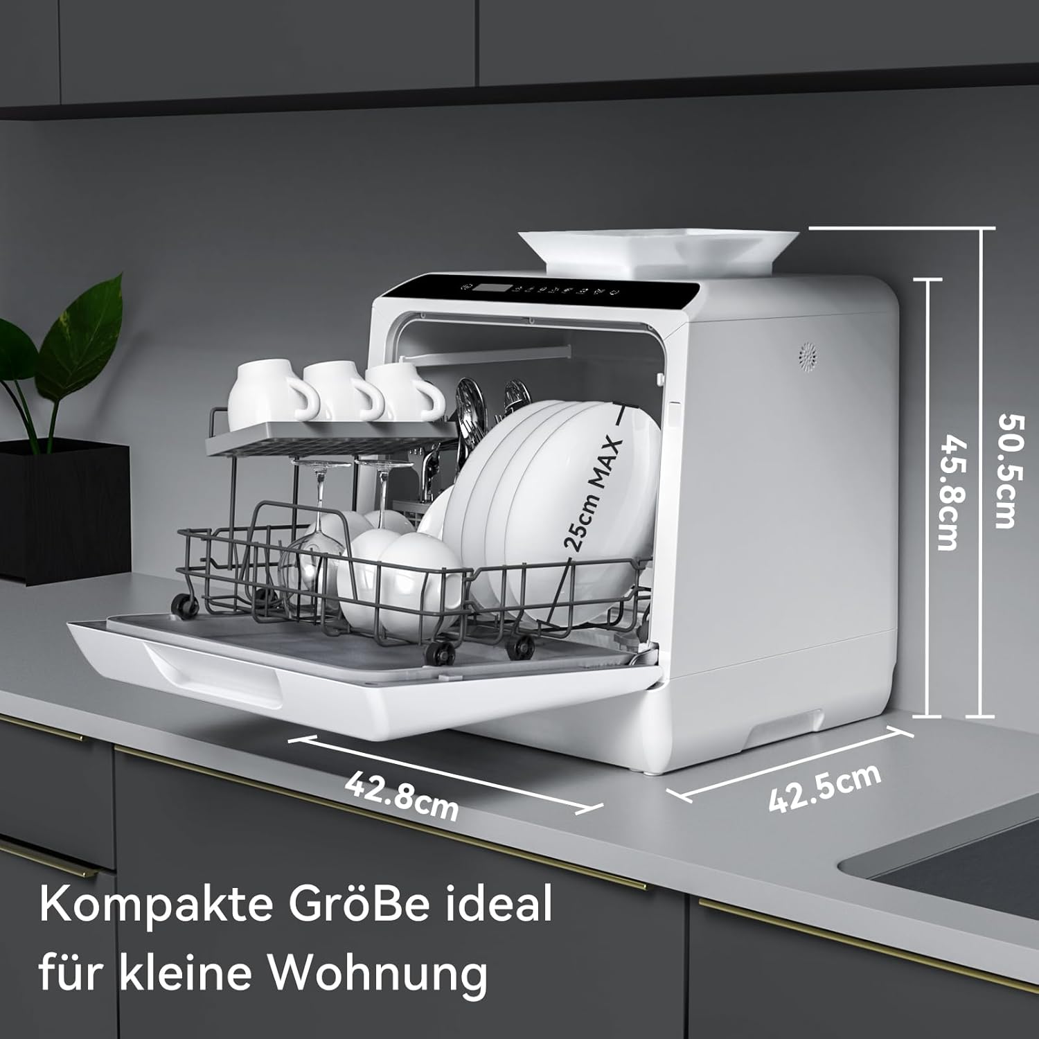 Hermitlux Mini Geschirrspüler, Spülmaschine für 4 Bestecksätze, 5 Liter Wassertank, 6 Programme Mini Tischgeschirrspüler, Perfekt für Wohnungen, Schlafsäle, Camping, Weiß