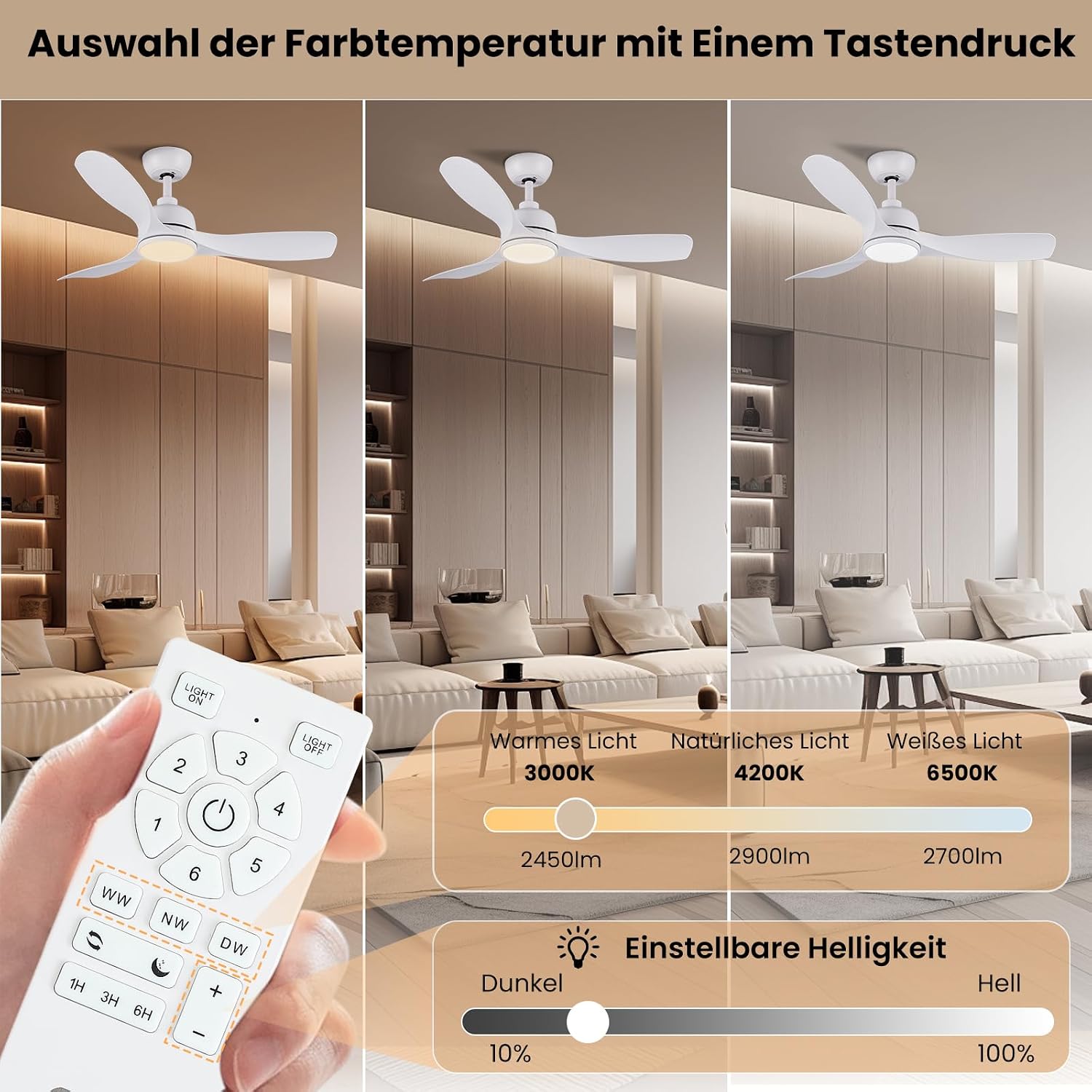 CJOY Deckenventilator mit Beleuchtung Leise, Ø107cm Deckenventilator mit Licht und Fernbedienung 3 Farbtemperaturen, Dimmbare LED, Reversibel DC, 6 Geschwindigkeiten für Schlafzimmer Terrasse
