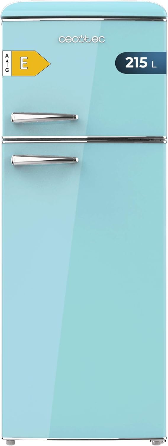 Cecotec Réfrigérateur à deux portes rétro 215 L Bolero CoolMarket 2D Origin 215 Bleu. Hauteur 148,2 cm et largeur 55,2 cm, LED, Poignée chromée, Étagères en verre, Contrôle de la température