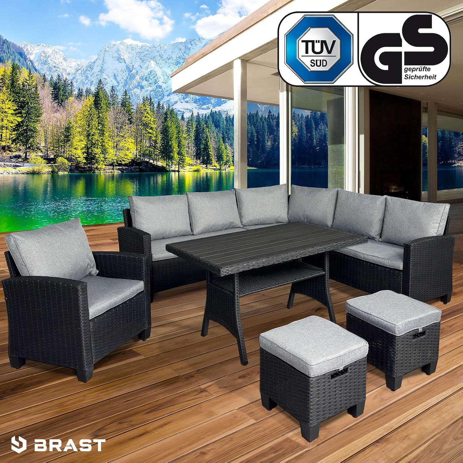 BRAST® Gartenmöbel Set Hacienda | bis zu 10 Personen viele Farben | inkl. Kissen & Abdeckung | TÜV geprüft | Outdoor Loungemöbel Sitzgruppe Essgruppe Garnitur | Schwarz/Grau
