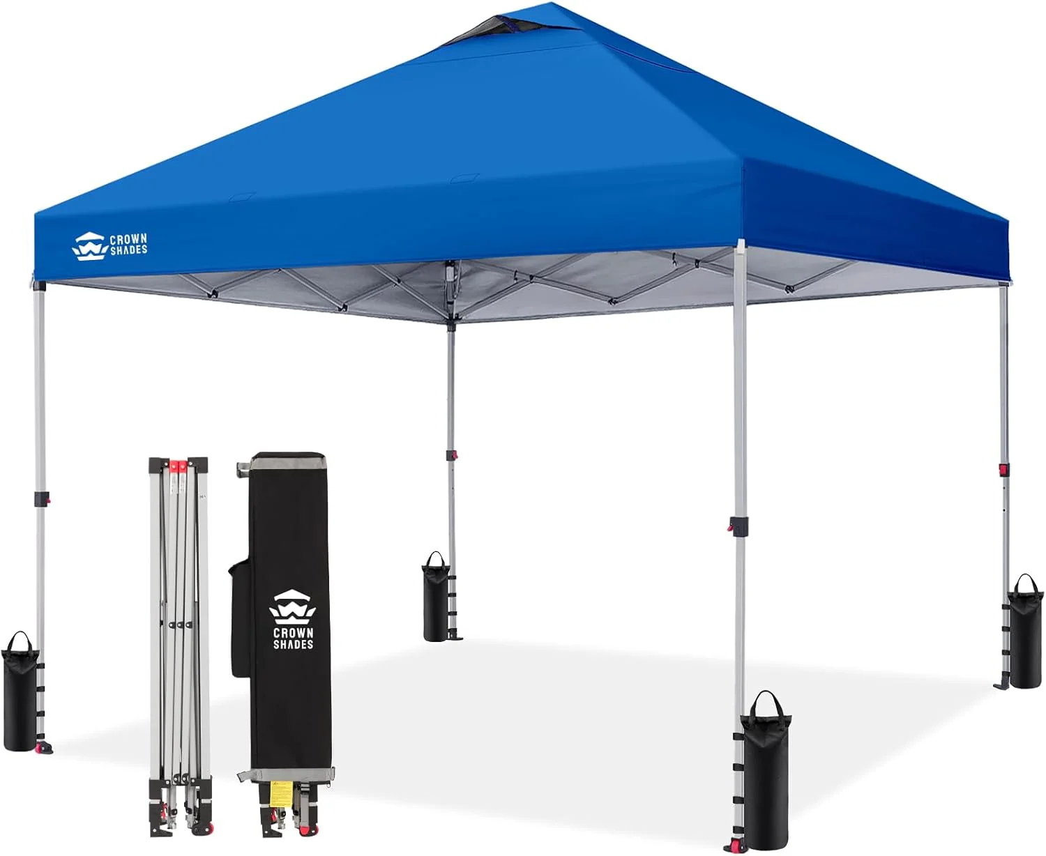 Crown Shades 10x10 Pop Up Canopy - Beach Tent with One Push Setup - Outdoor Sun Shade for Events. Parties. Camping - Gazebo with STO-N-Go Cover Bag. Silver Coated Top. 3 Height& 4 Sand Bags. Yellow