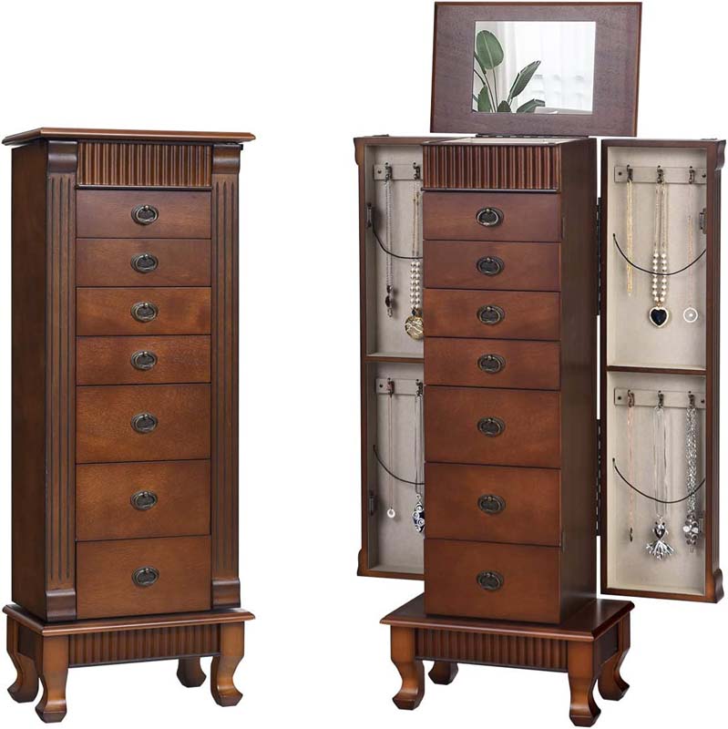 Large Capacity Standing Jewelry Armoire Cabinet Storage Chest With 7 Drawers 2 Swing Doors Amp Makeup Mirror