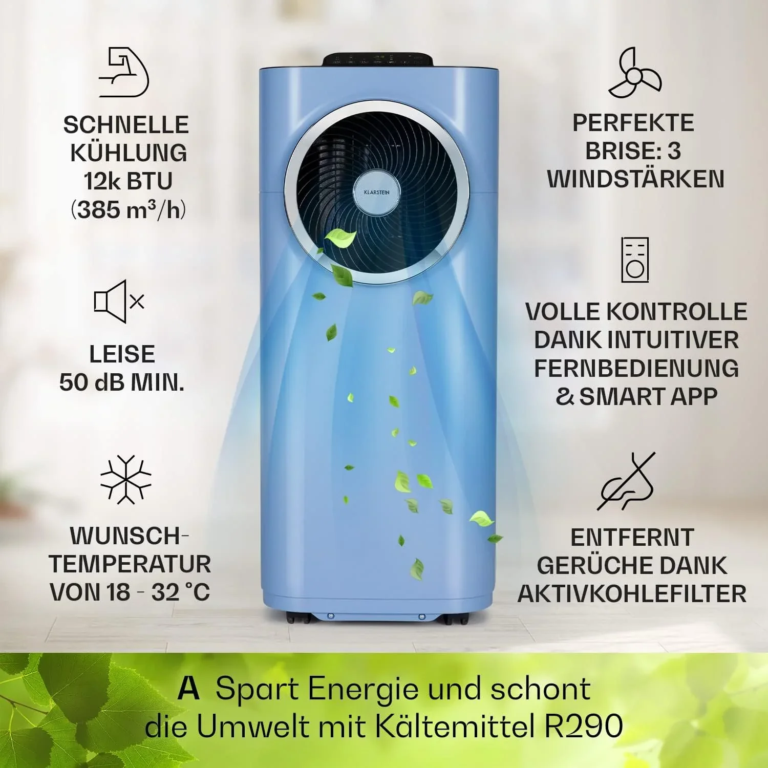 Klarstein Mobile Klimaanlage mit Abluftschlauch, 5-in-1 Klimager?t, Ventilator, Luftentfeuchter, Luftreiniger & Nachtmodus, App-Steuerung, Kleine & Portable, f��r Wohnung & B��ro, 12000 BTU