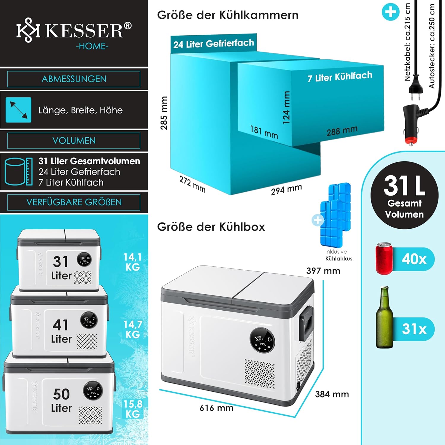 KESSER Kompressor Kühlbox 2in1 Doppelzone Kühl & Gefrierfach elektrische Gefrierbox mit 2x Kühlakkus & LED-Touch-Bedienung | Kühlschrank Kühlung bis -20 °C für Camping, Auto, Lkw 12/24V 230V