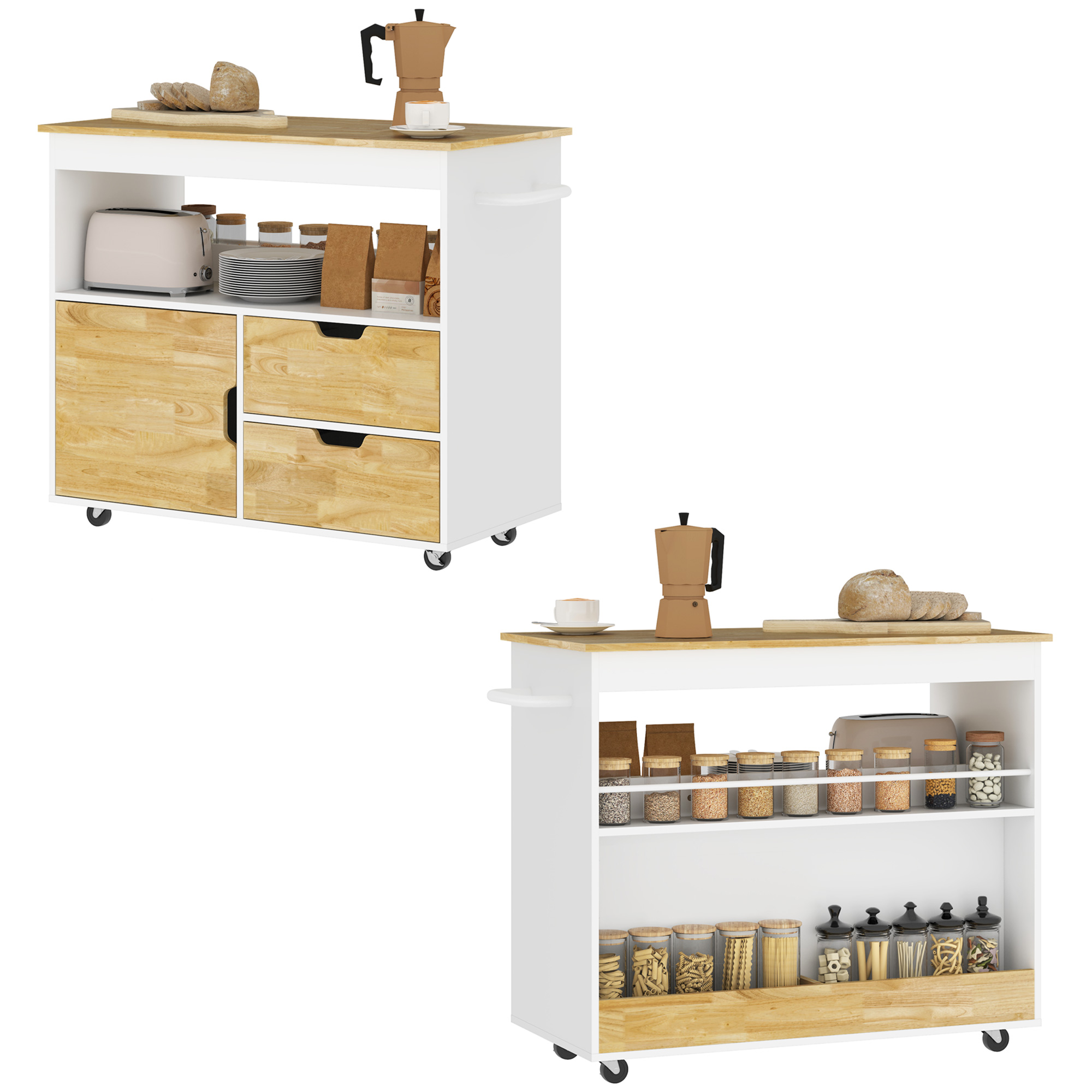 Keukentrolley, Rolbaar Keukeneiland, Keuken-Trolley met Vakken, Kast en Werkblad, Wit