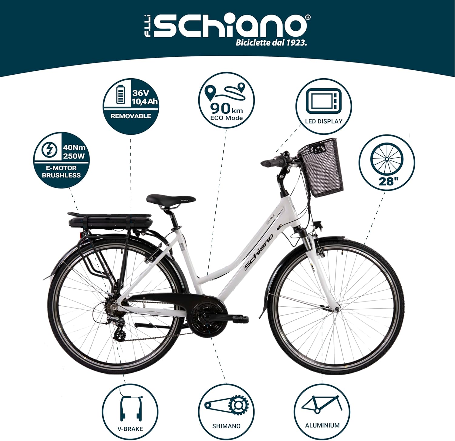F.lli Schiano E-Ride, Bicicleta Electrica de Trekking, 28