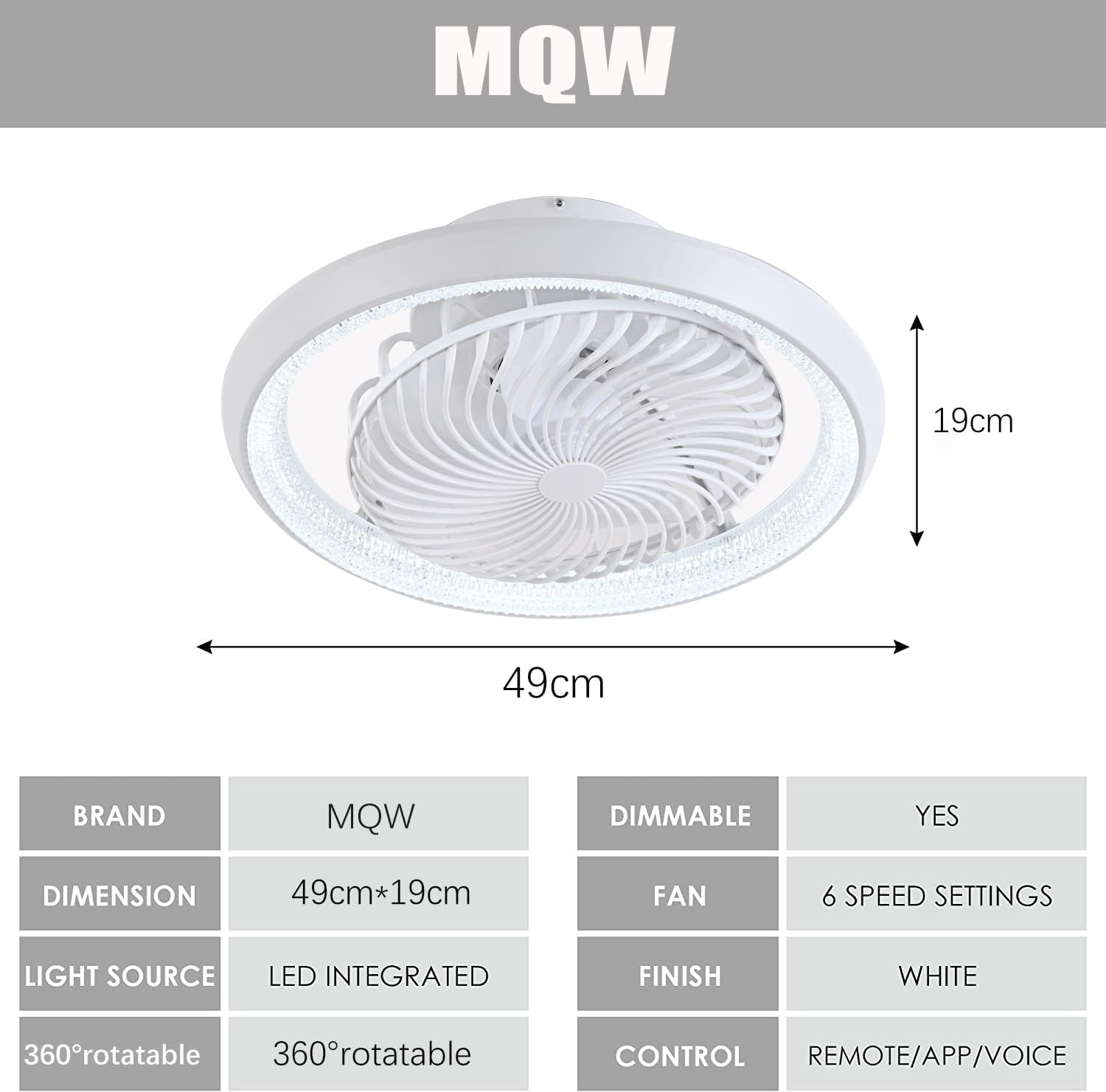 Deckenventilator mit Beleuchtung leise, Deckenleuchte mit Ventilator 360° Drehbare, LED Dimmbar 72W mit Fernbedienung Ventilator lampe, Deckenlampe ür Wohnzimmer, Esszimmer, Schlafzimmer, 49CM