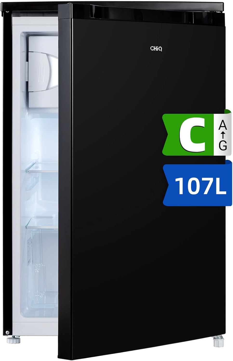 CHIQ CTT107BC Kühlschrank Klein 107 Liter, Höhe 84cm, Tiefe 55cm, Platzbedarf nur 0,3 ㎡, Mikro-Gefrierfach, Vario Box, 7 Temperaturregelstufen, geräuscharm, 87 kWh/Jahr, Schwarz