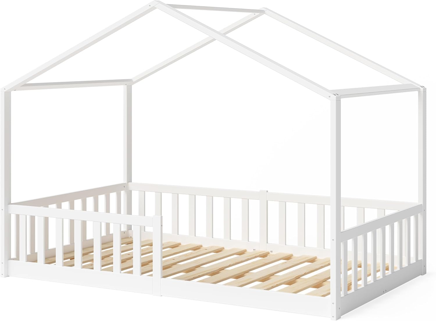 Bellabino Kinderbett Bia 140x200 cm, Hausbett Kinder inkl. Rausfallschutz und Rolllattenrost, Montessori Bodenbett weiß aus Massivholz Kiefer