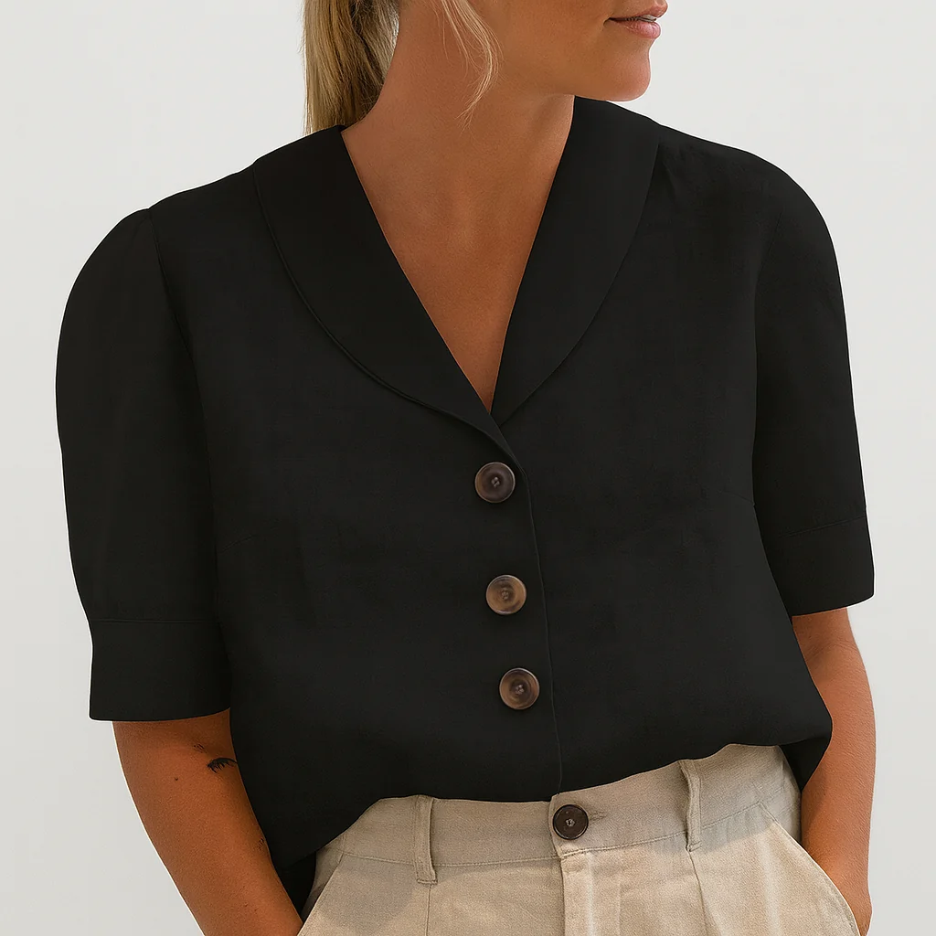 Damen V-Ausschnitt Bluse mit Knopfleiste | Locker sitzende Kurzarmbluse | Vielseitiges Business Casual Oberteil f��r Frauen