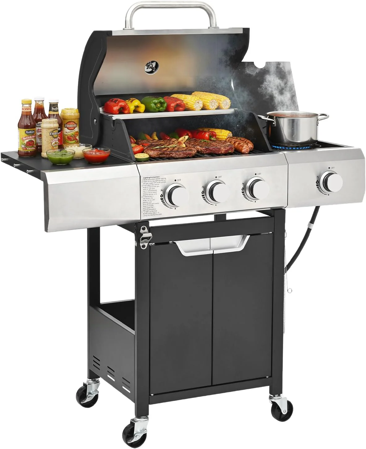 4-Burner Propane Gas Grill with Side Burner, 46,500 BTU Output Stainless Steel Grill