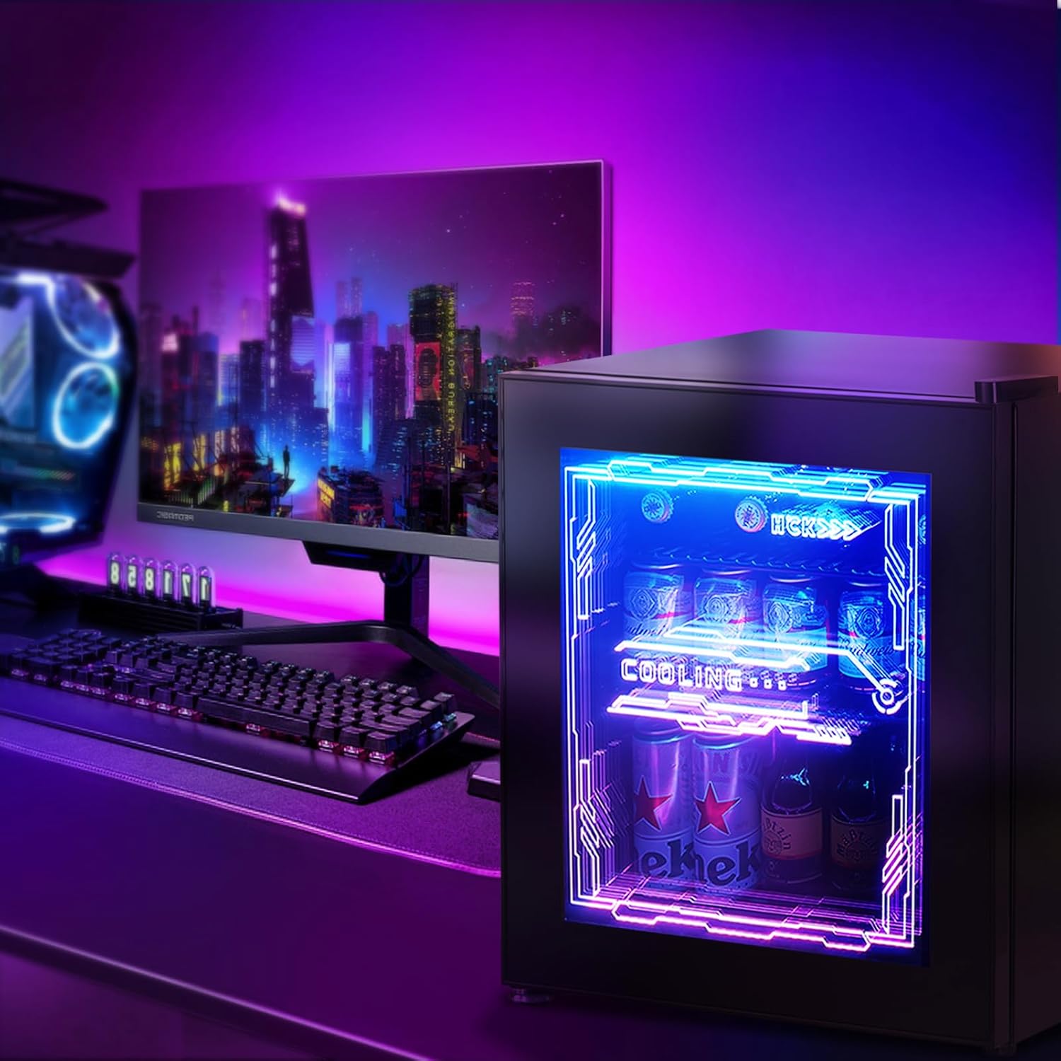 HCK Mini Kühlschrank 48L, Getränkekühlschrank mit Glastür und LED Beleuchtung, Cyberpunk Design, leise 39dB, 0-10℃ Bierkühlschrank für Gaming Room, Party, Bar, Schwarz