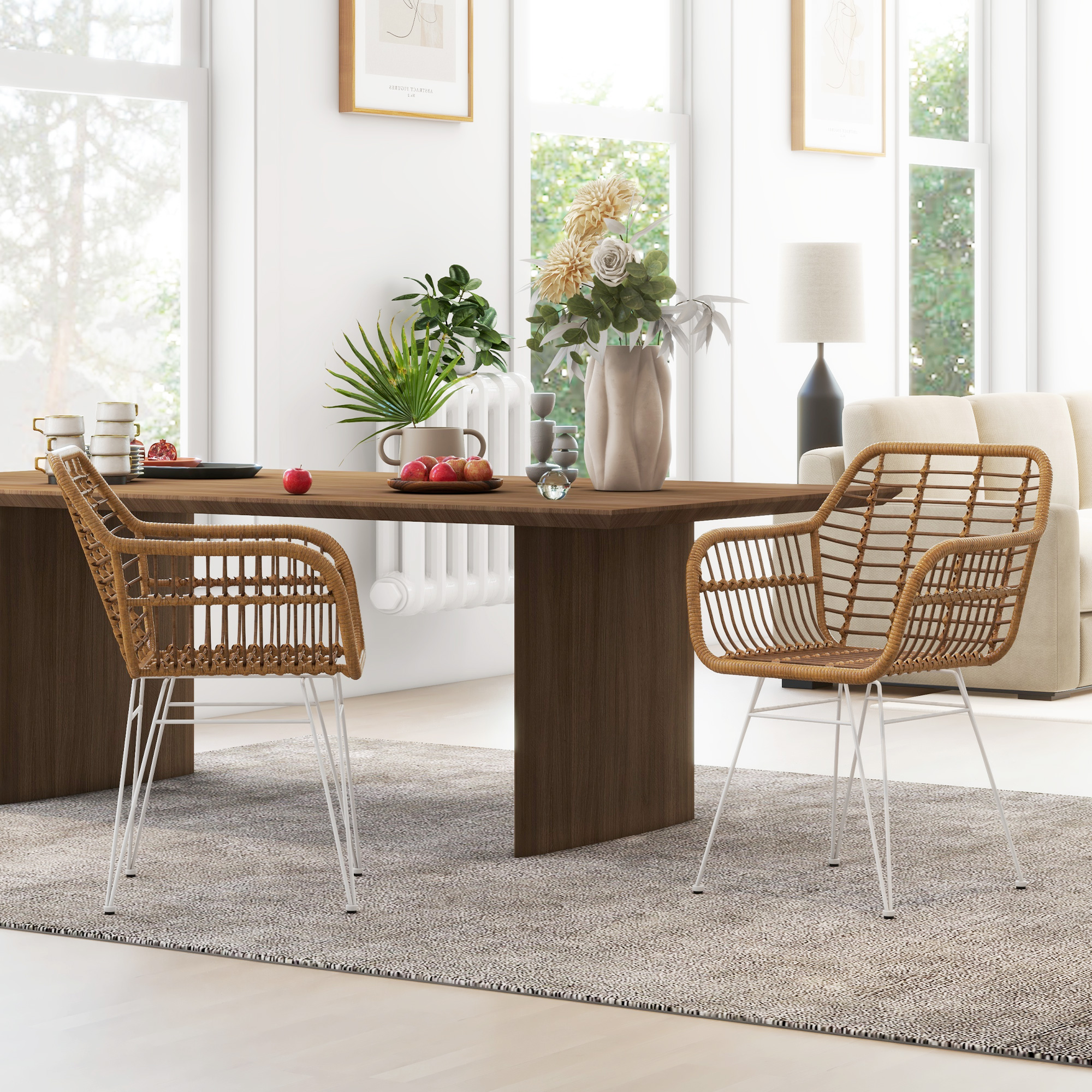 2-delige set stoelen in Boho-stijl, keukenstoelen, PE-Rattan, 56 x 60 x 79 cm, Natuur + Wit