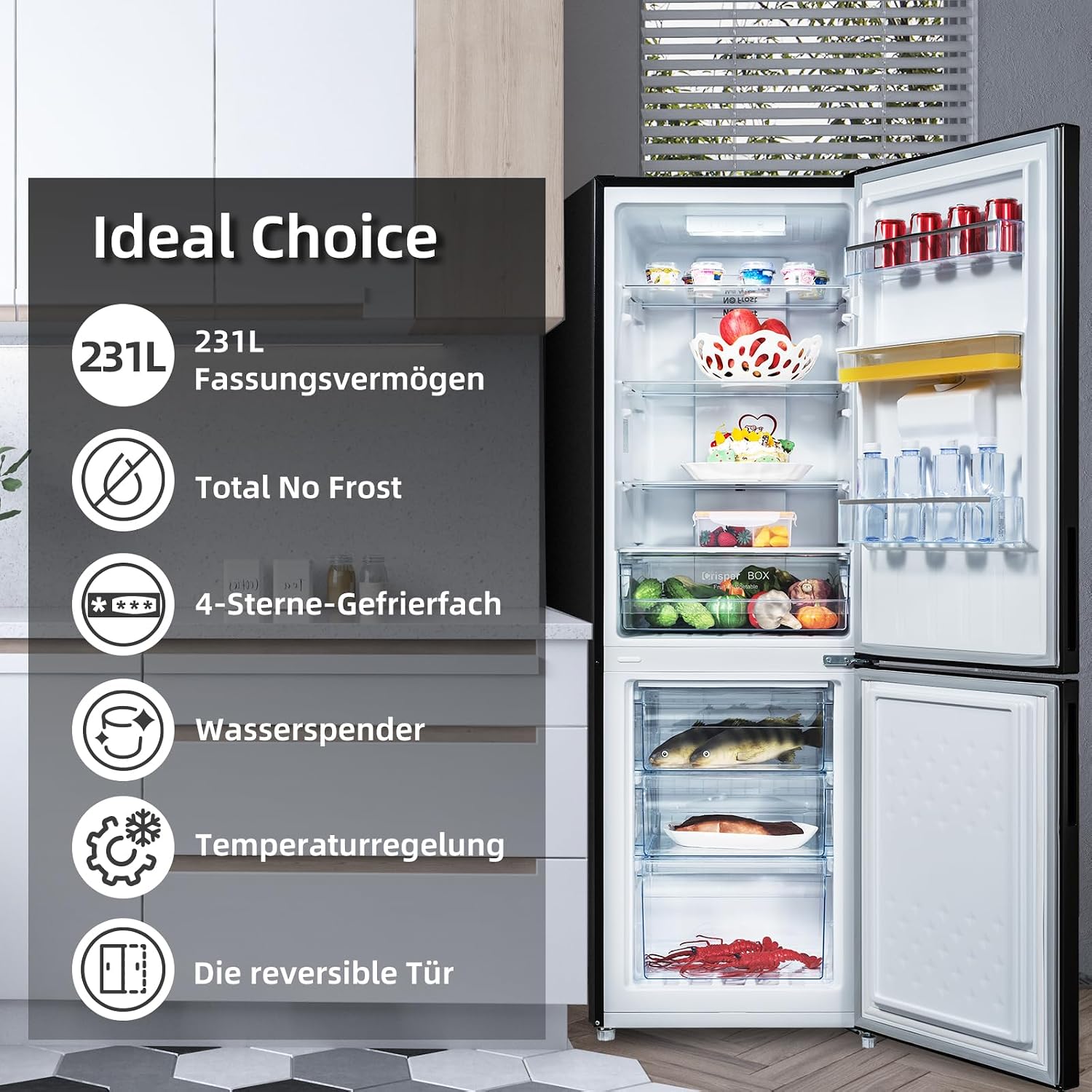 CHIQ Kühlschrank mit Wasserspender 2XL | No Frost | 231L, 54cm B, 57,6cm T | 4-Sterne-Gefrierfach, Schnellkühlung| Umkehrbare Tür, Obstschubladen, LED-Licht | Kühl-Gefrierkombination Freistehend
